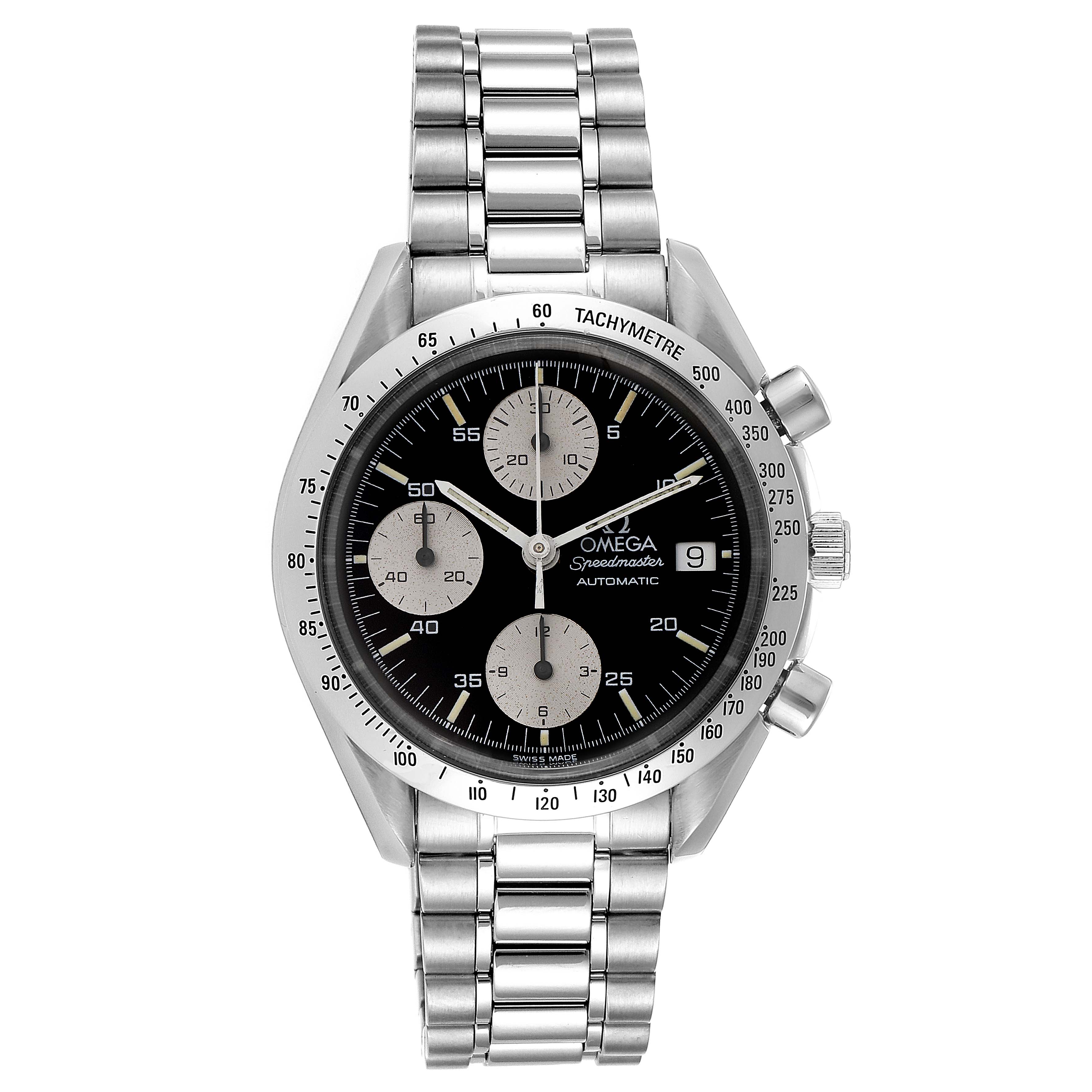 This image shows a front view of the Omega Speedmaster 3511.50.00 Men's Stainless Steel Black Dial 3511.50.00 Men's Stainless Steel Black Dial watch, displaying its face, bezel, and metal bracelet.