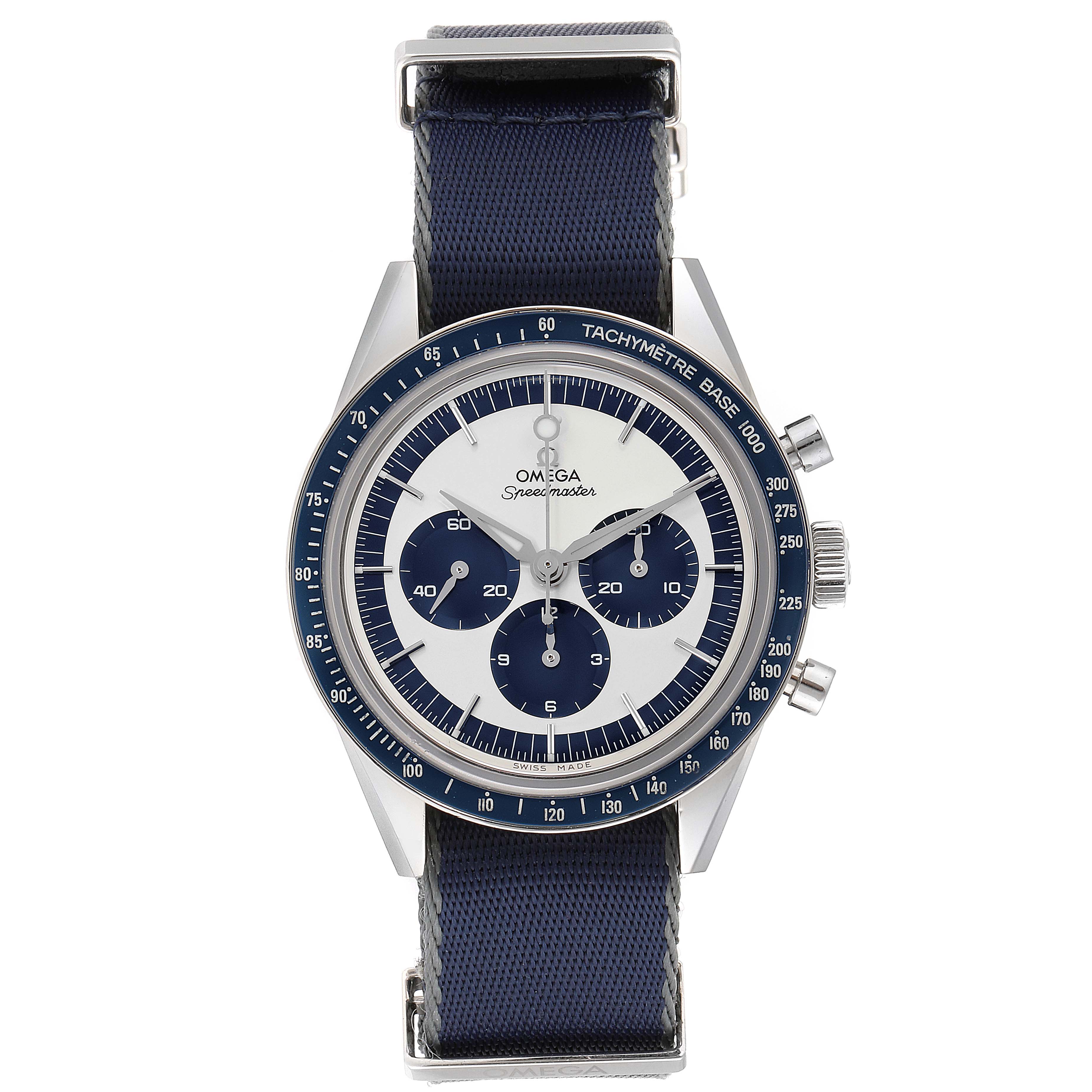 This image shows the front view of an Omega Speedmaster 311.33.40.30.02.001 Men's Stainless Steel Silver Dial 311.33.40.30.02.001 Men's Stainless Steel Silver Dial watch, displaying the dial, bezel, and strap.