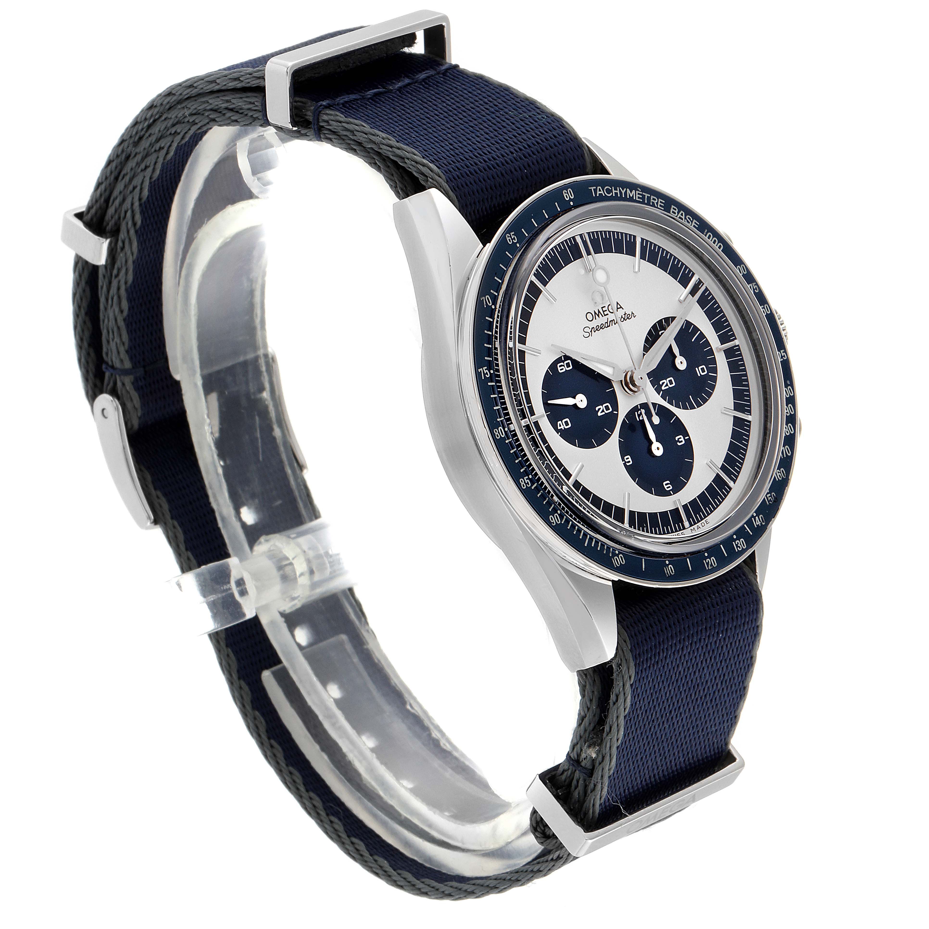 The image shows an Omega Speedmaster 311.33.40.30.02.001 Men's Stainless Steel Silver Dial 311.33.40.30.02.001 Men's Stainless Steel Silver Dial watch at a slight angle, highlighting its face, bezel, case, and strap.