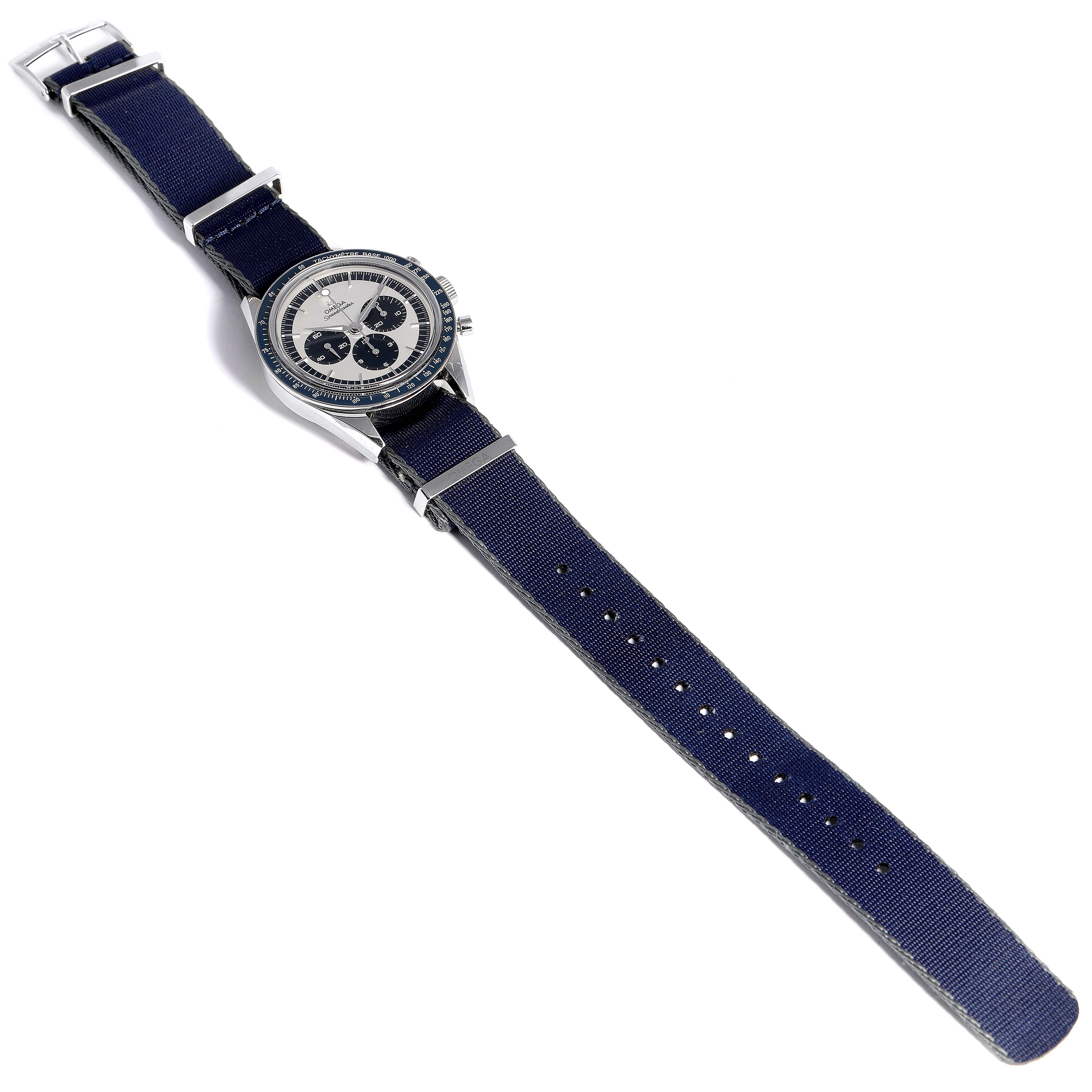 The Omega Speedmaster 311.33.40.30.02.001 Men's Stainless Steel Silver Dial 311.33.40.30.02.001 Men's Stainless Steel Silver Dial watch is shown at a top-down angle, clearly displaying the strap and face with sub-dials.