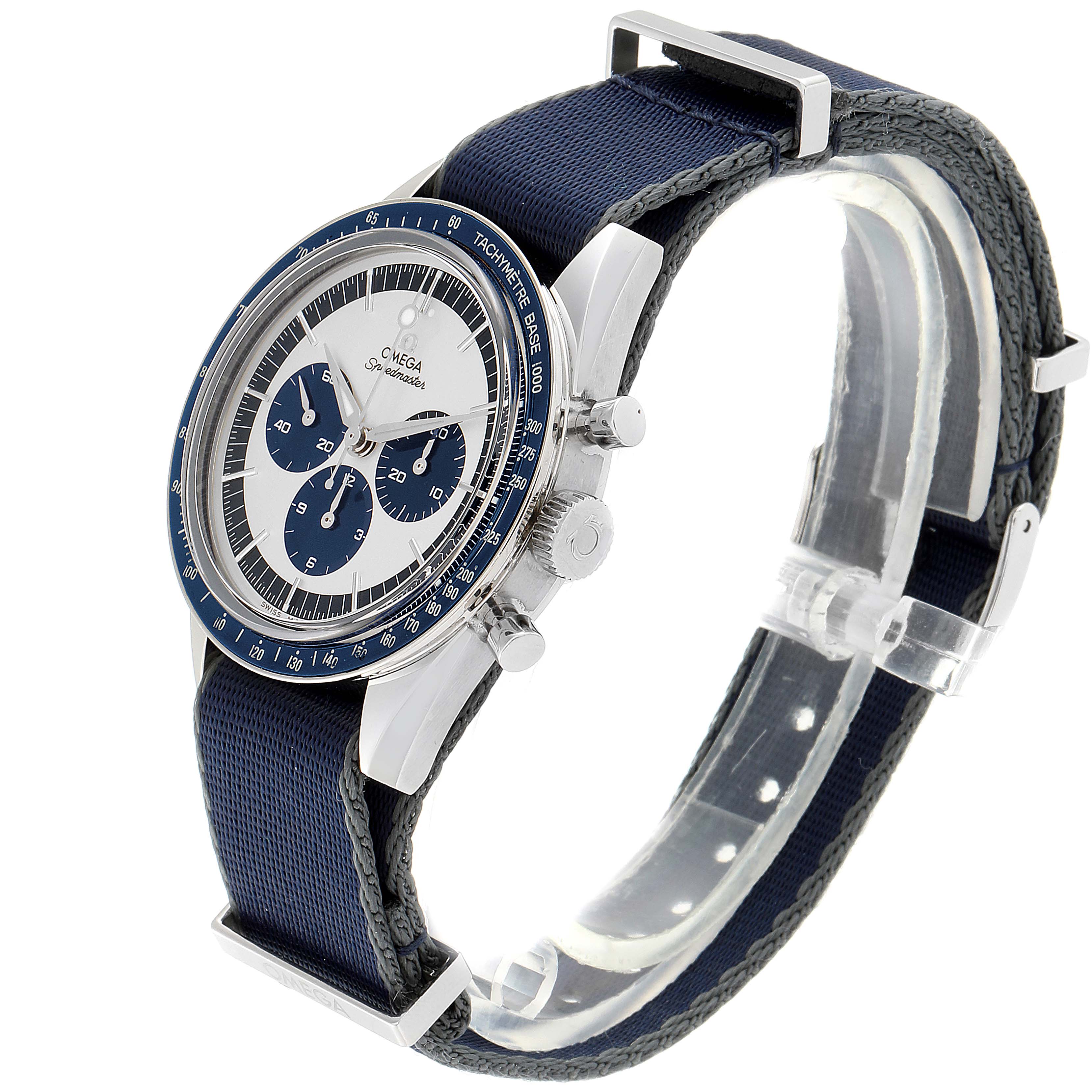 The Omega Speedmaster 311.33.40.30.02.001 Men's Stainless Steel Silver Dial 311.33.40.30.02.001 Men's Stainless Steel Silver Dial watch is shown from a three-quarter angle, highlighting the face, crown, pushers, and strap.