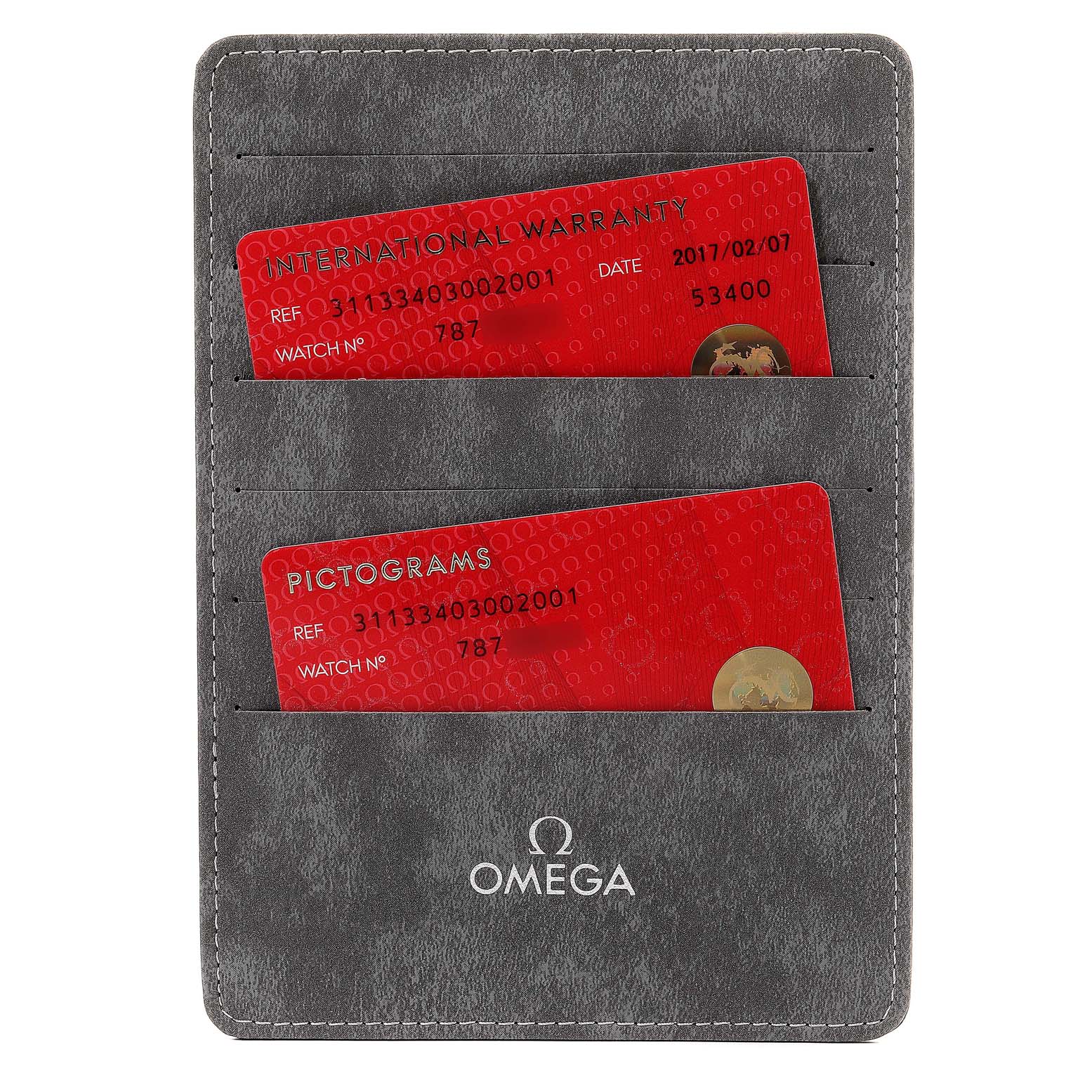 The image shows warranty and pictogram cards for an Omega Speedmaster 311.33.40.30.02.001 Men's Stainless Steel Silver Dial 311.33.40.30.02.001 Men's Stainless Steel Silver Dial, inside a gray Omega cardholder.