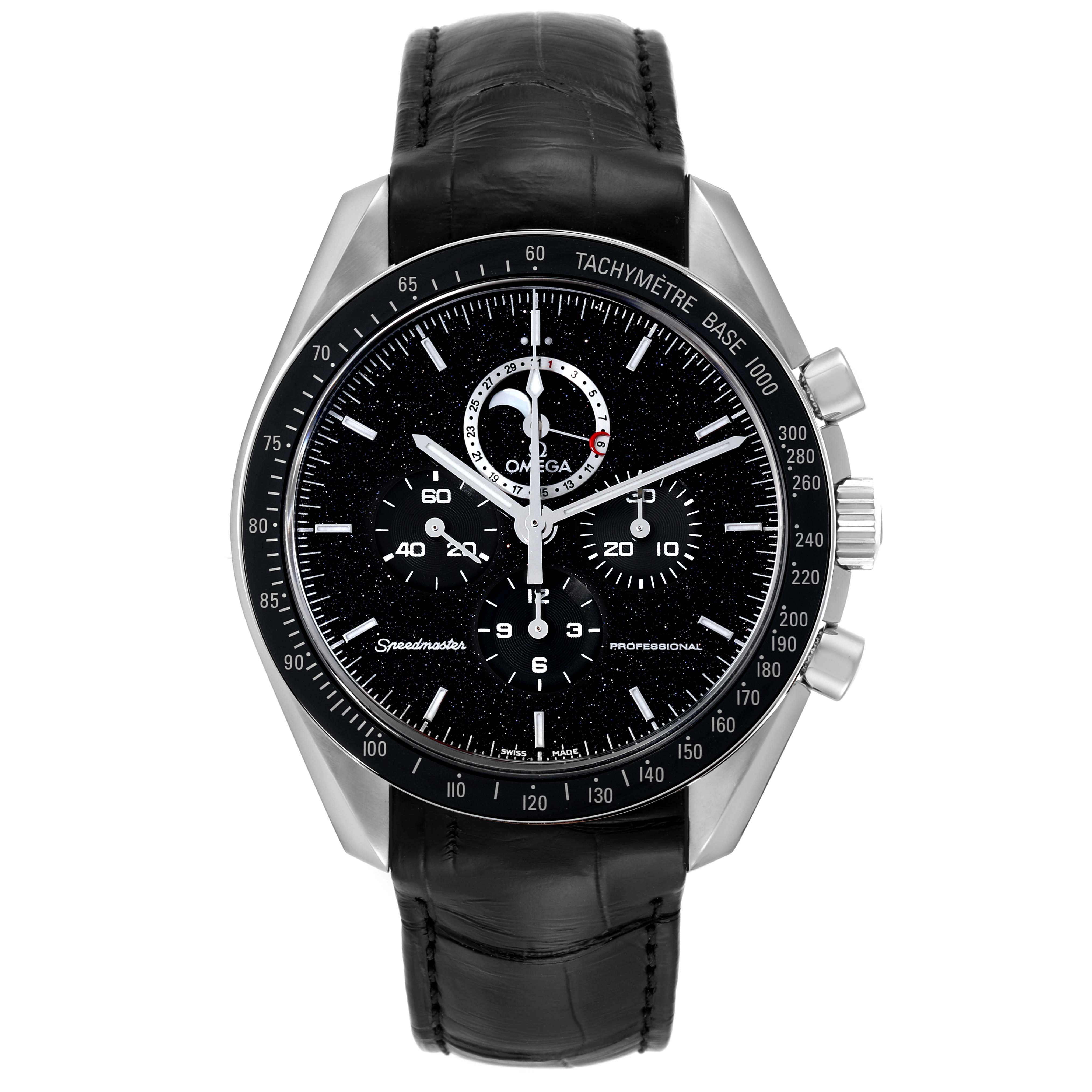 This is an Omega Speedmaster 311.33.44.32.01.001 Men's Stainless Steel Black Dial 311.33.44.32.01.001 Men's Stainless Steel Black Dial watch shown from the front, highlighting its black dial, chronograph functions, and black leather strap.