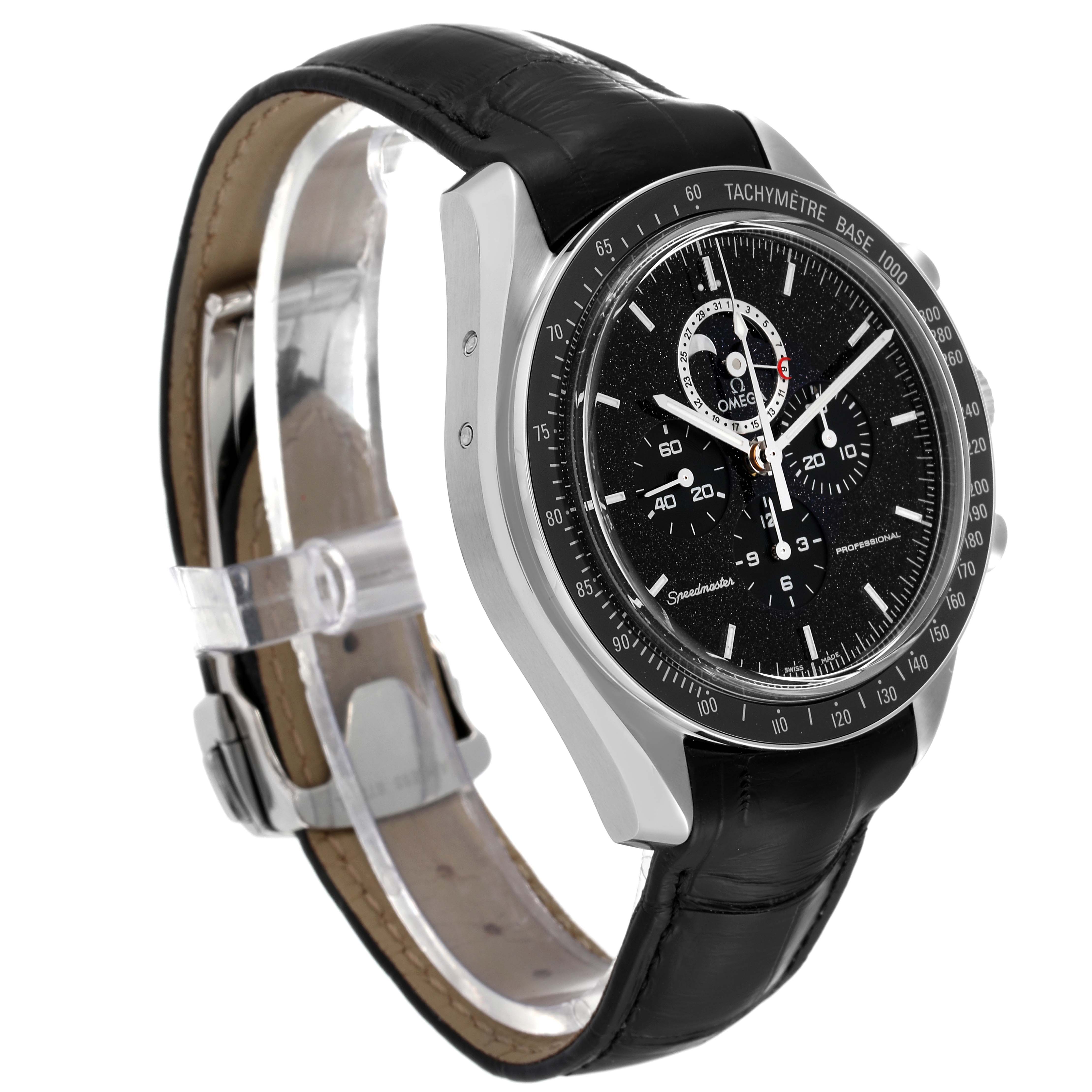 This image shows an Omega Speedmaster 311.33.44.32.01.001 Men's Stainless Steel Black Dial 311.33.44.32.01.001 Men's Stainless Steel Black Dial watch at an oblique angle, highlighting the face, bezel, and black leather strap.