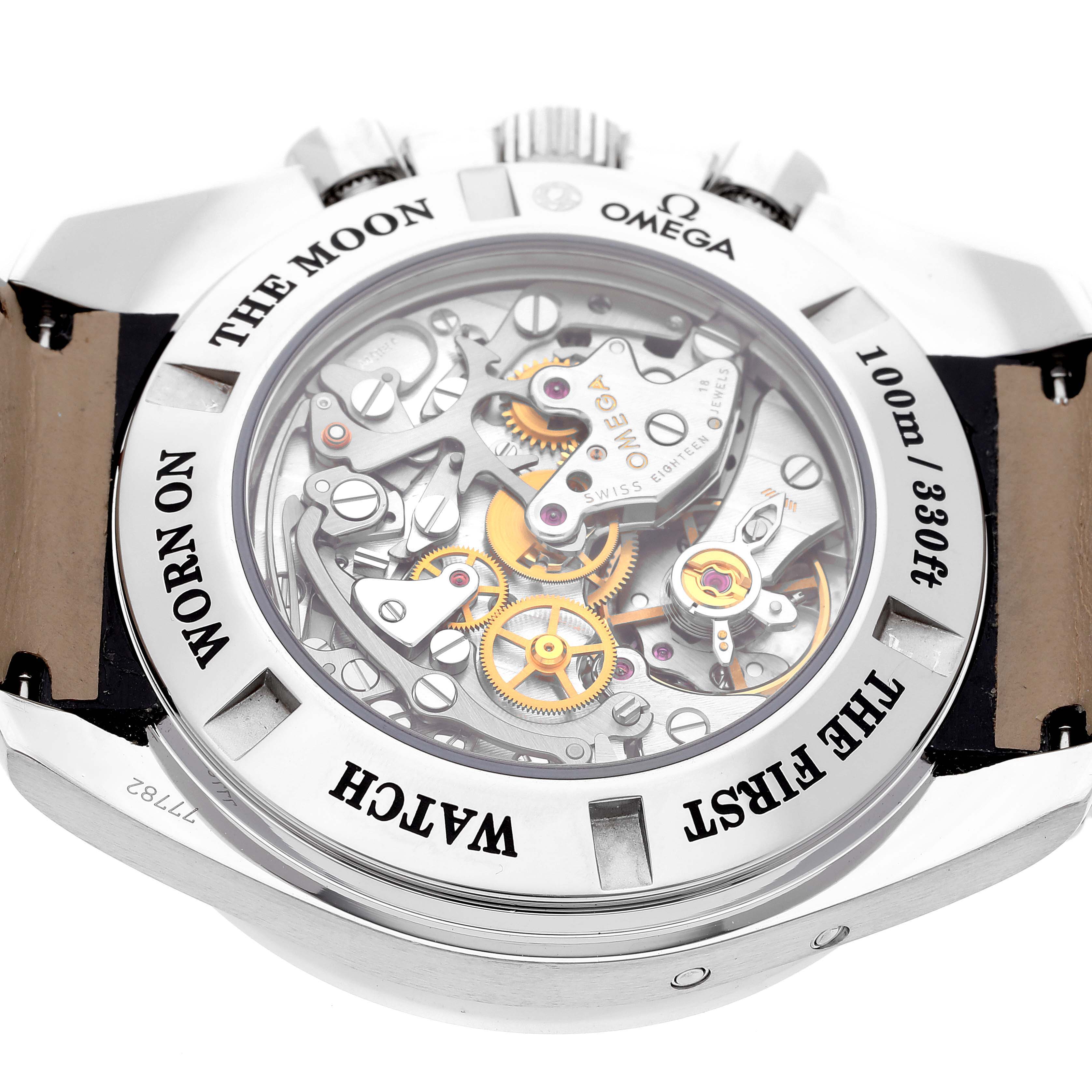 The image shows the back view of the Omega Speedmaster 311.33.44.32.01.001 Men's Stainless Steel Black Dial 311.33.44.32.01.001 Men's Stainless Steel Black Dial watch highlighting its intricate inner mechanics.