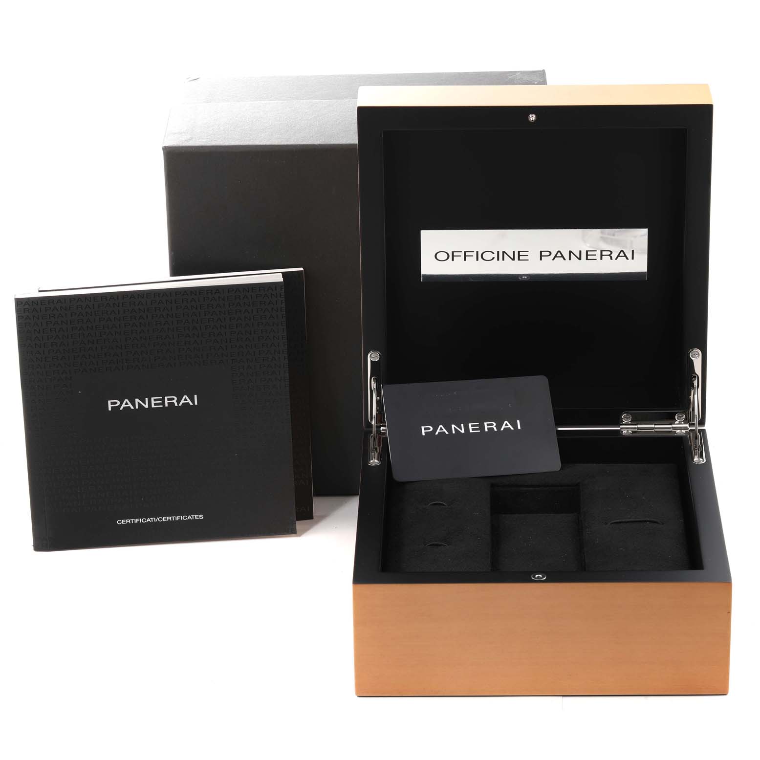 The image shows the open box and packaging for a Panerai Luminor PAM00590 Men's Stainless Steel Black Dial PAM00590 Men's Stainless Steel Black Dial watch, including booklets and cards.