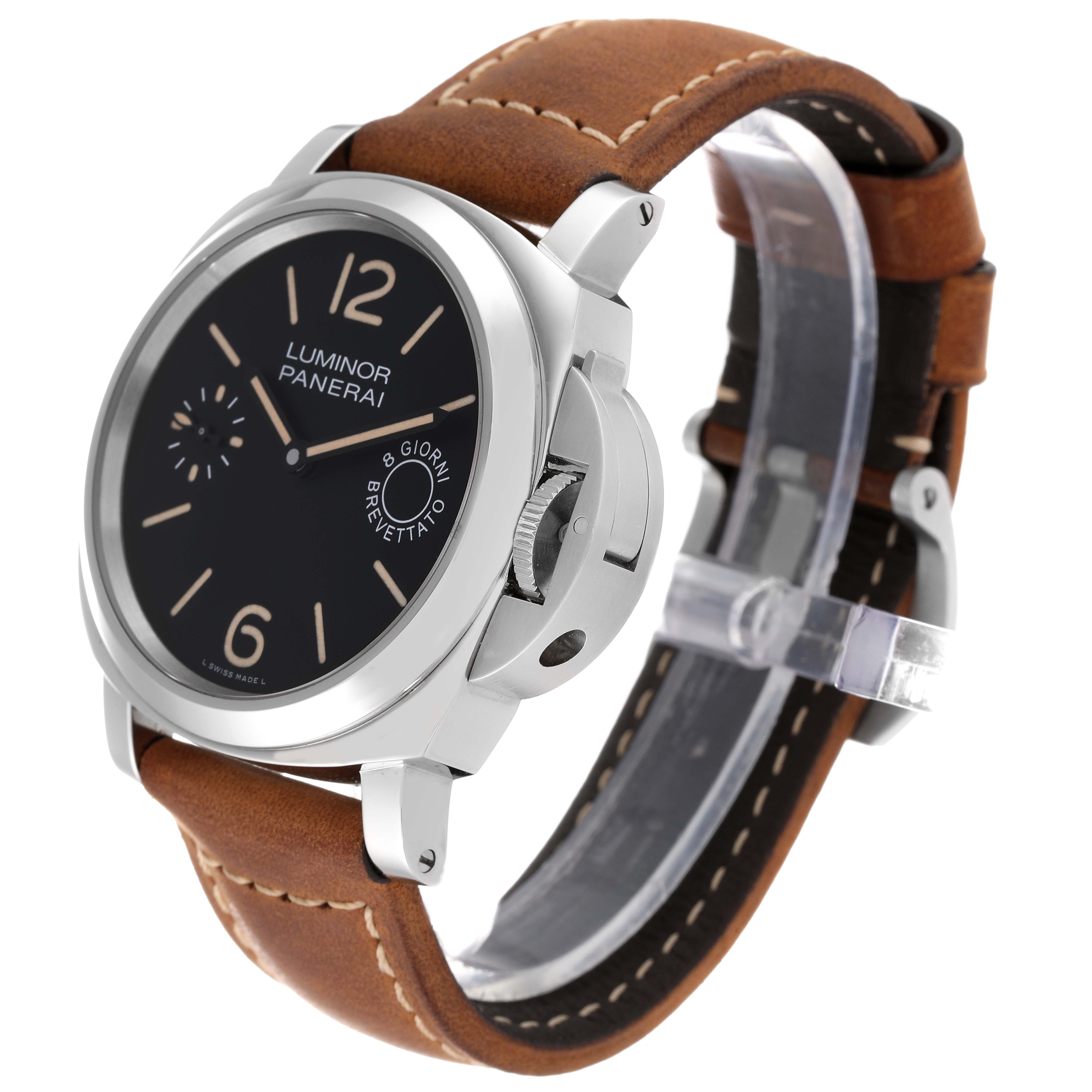 The image shows a Panerai Luminor PAM00590 Men's Stainless Steel Black Dial PAM00590 Men's Stainless Steel Black Dial watch at an angled view, highlighting the face, case, crown guard, and leather strap.