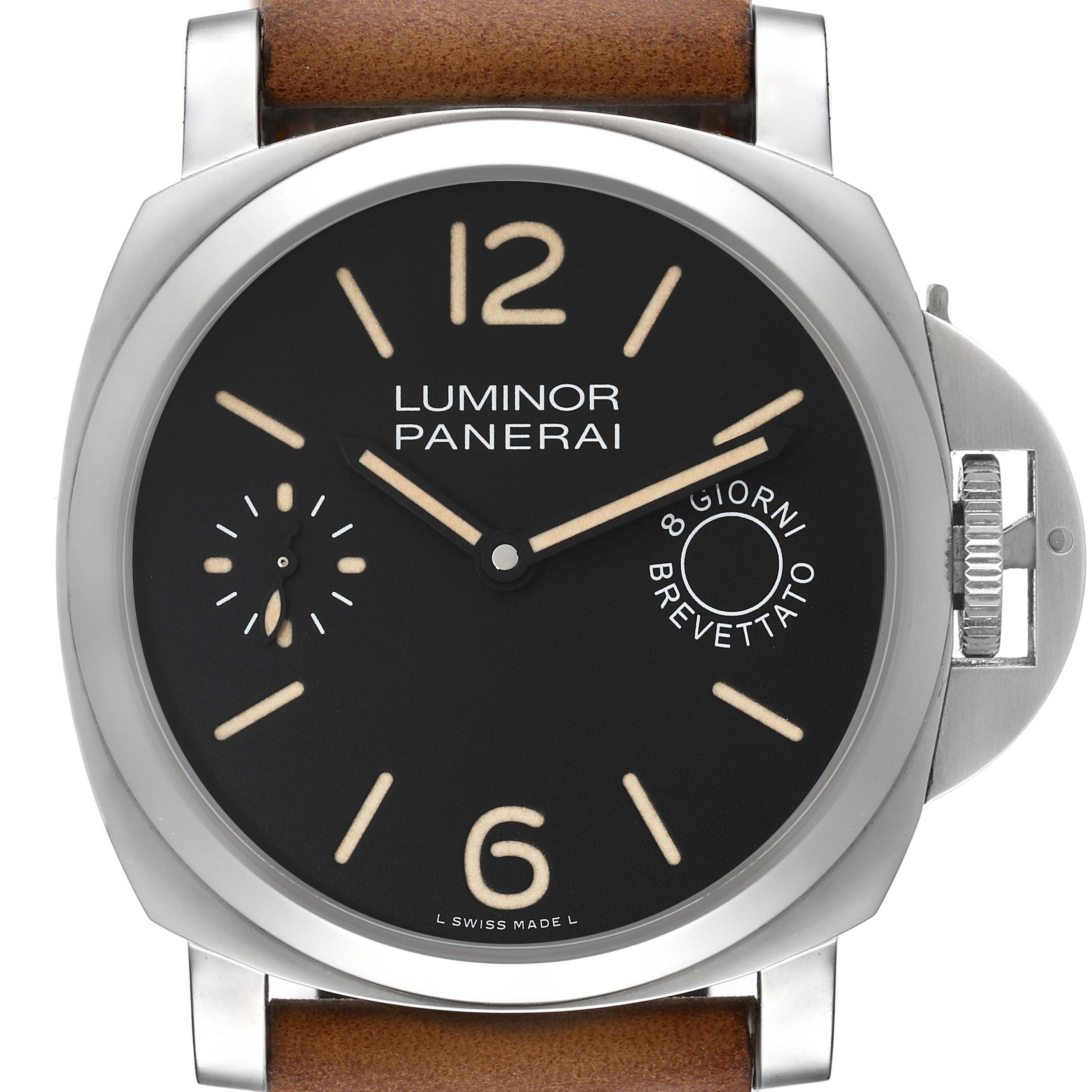 The image shows a frontal view of a Panerai Luminor PAM00590 Men's Stainless Steel Black Dial PAM00590 Men's Stainless Steel Black Dial watch, featuring its black dial, crown guard, and leather strap.