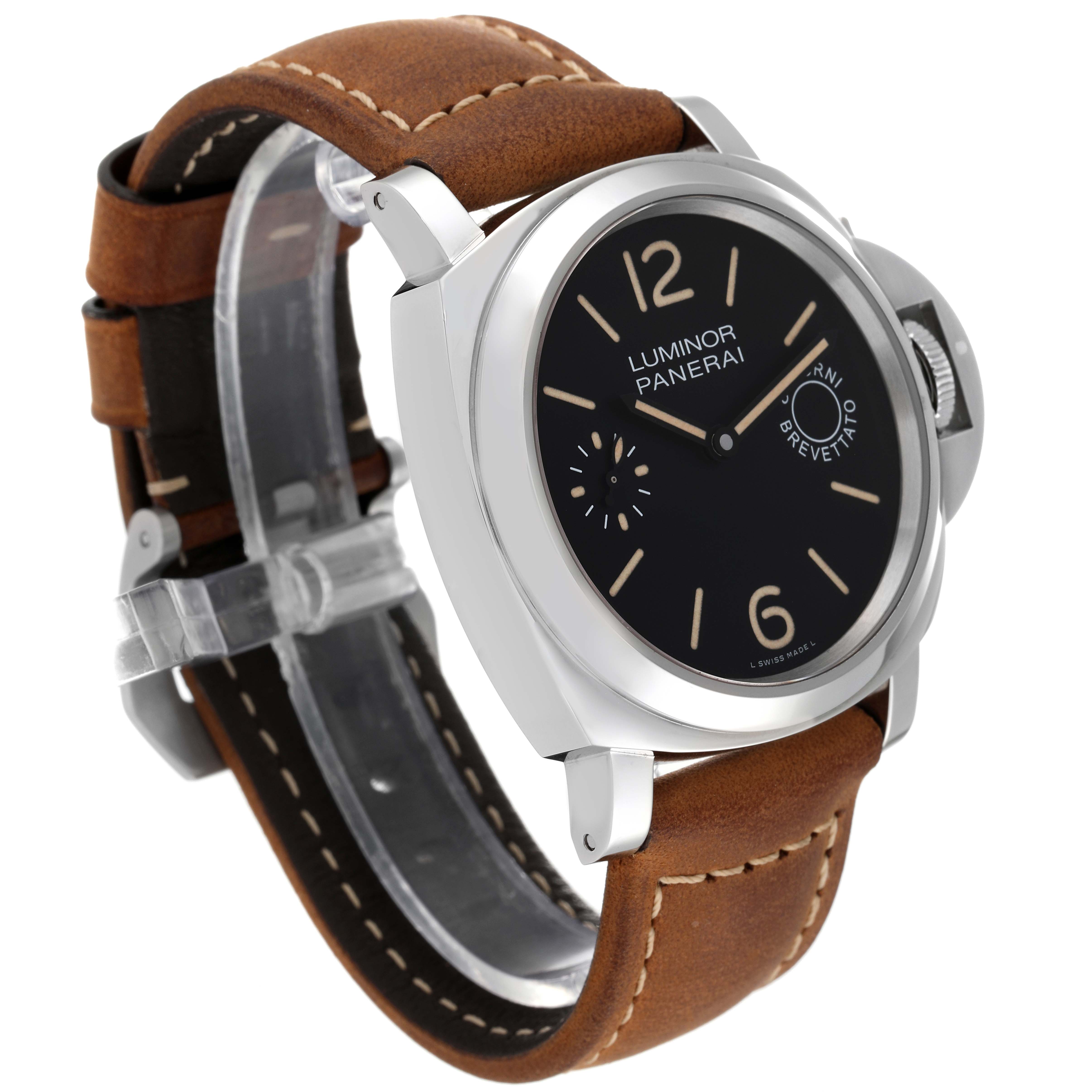 The image shows a side angle view of a Panerai Luminor PAM00590 Men's Stainless Steel Black Dial PAM00590 Men's Stainless Steel Black Dial watch, highlighting its dial, case, crown, and brown leather strap.
