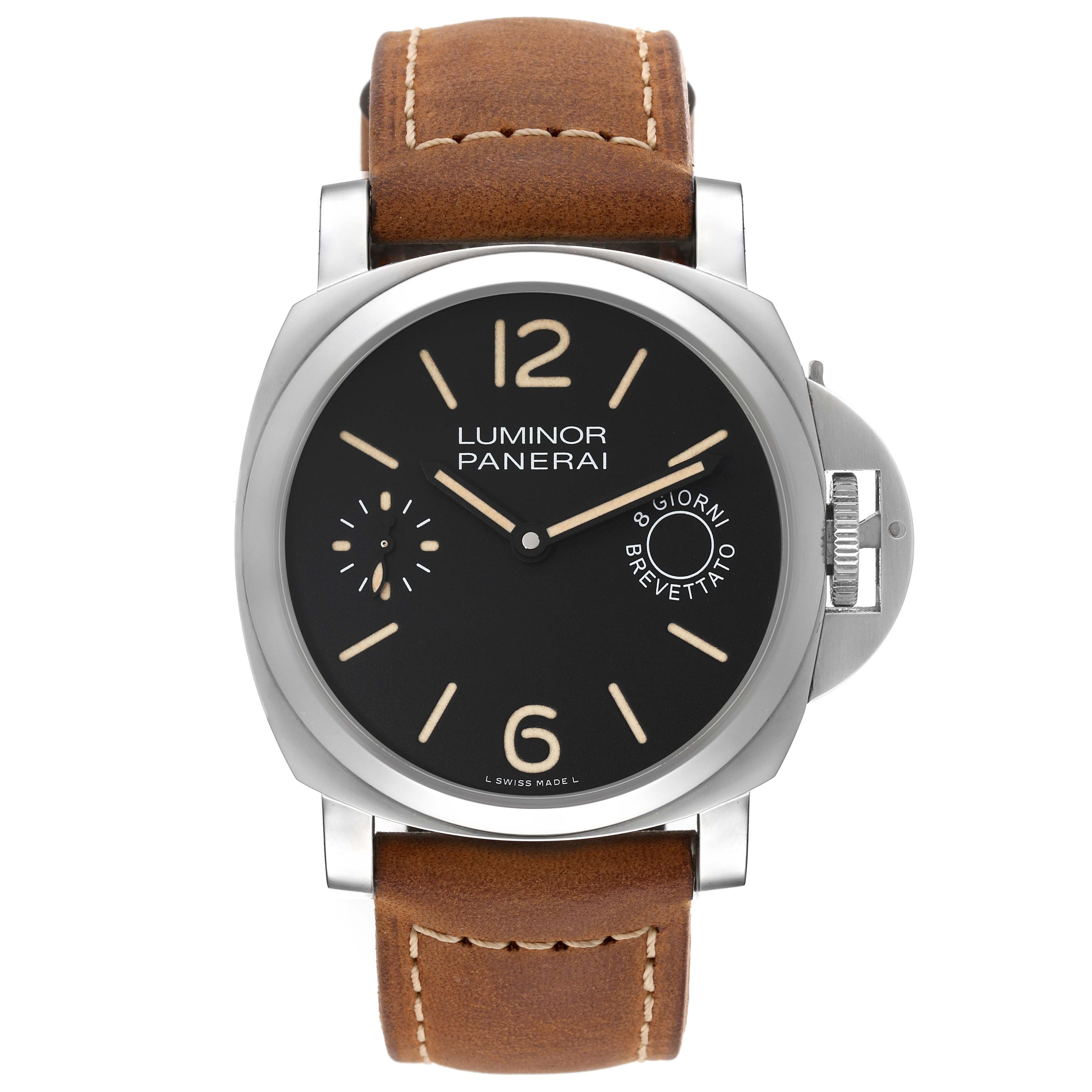 The image shows a Panerai Luminor PAM00590 Men's Stainless Steel Black Dial PAM00590 Men's Stainless Steel Black Dial watch, front view, featuring a black dial, brown leather strap, and stainless steel case.