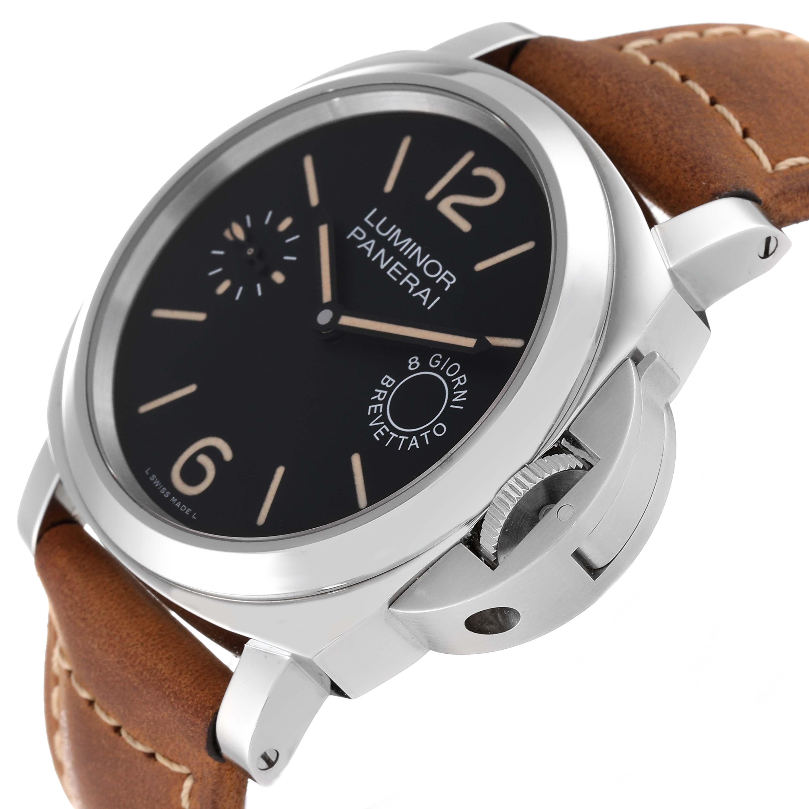 The image shows a side view of a Panerai Luminor PAM00590 Men's Stainless Steel Black Dial PAM00590 Men's Stainless Steel Black Dial watch, highlighting its crown guard, brown leather strap, and black dial.