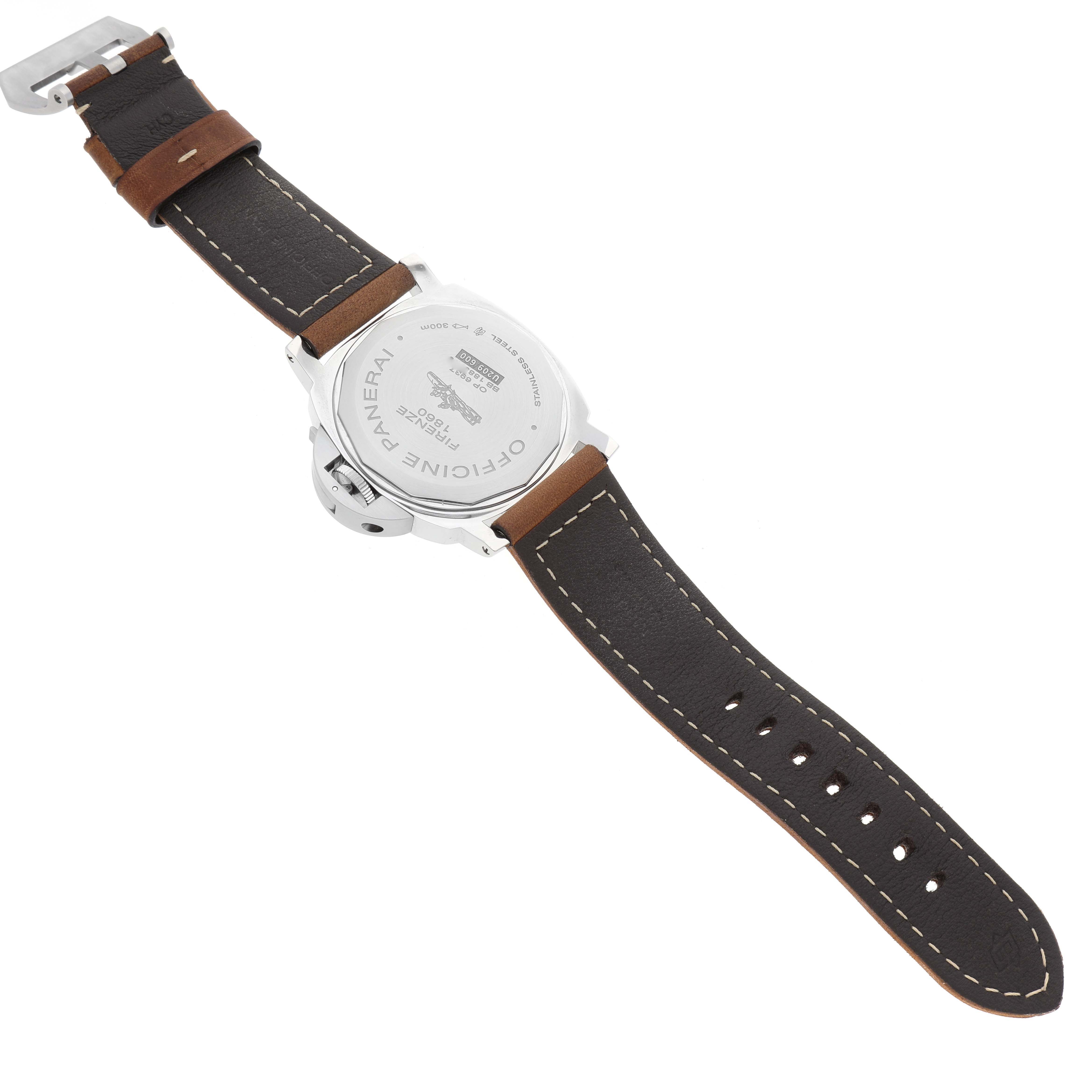 The image shows the back and leather strap of a Panerai Luminor PAM00590 Men's Stainless Steel Black Dial PAM00590 Men's Stainless Steel Black Dial watch, viewed from a top-down angle.