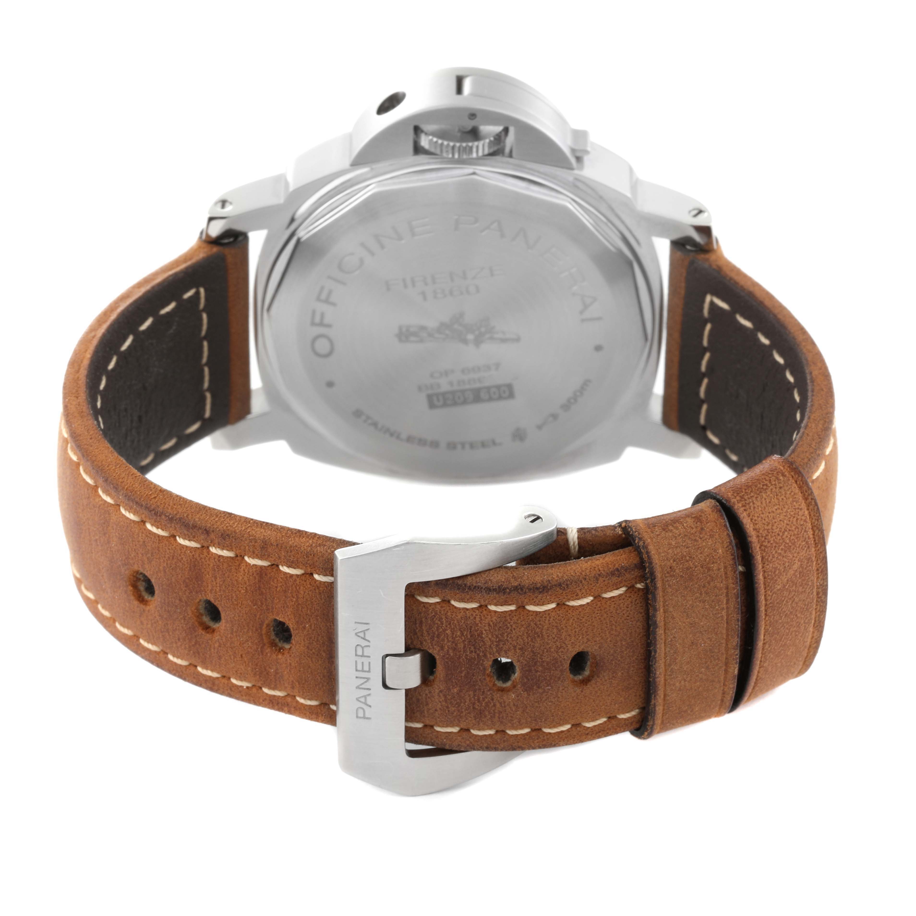 The image shows the back of the Panerai Luminor PAM00590 Men's Stainless Steel Black Dial PAM00590 Men's Stainless Steel Black Dial watch, highlighting its leather strap and buckle.