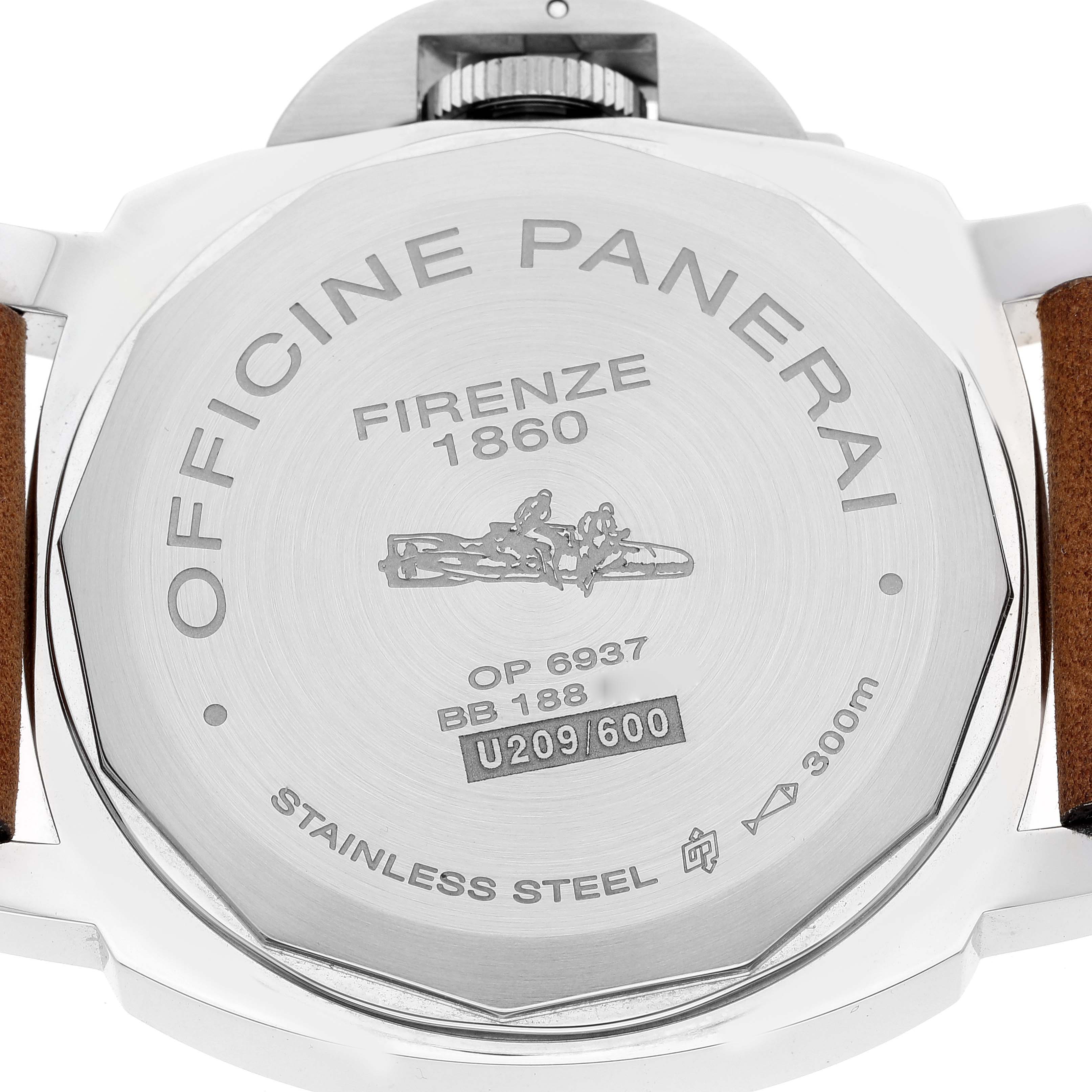 The image shows the back case of a Panerai Luminor PAM00590 Men's Stainless Steel Black Dial PAM00590 Men's Stainless Steel Black Dial watch, displaying the brand's engraving and serial details.