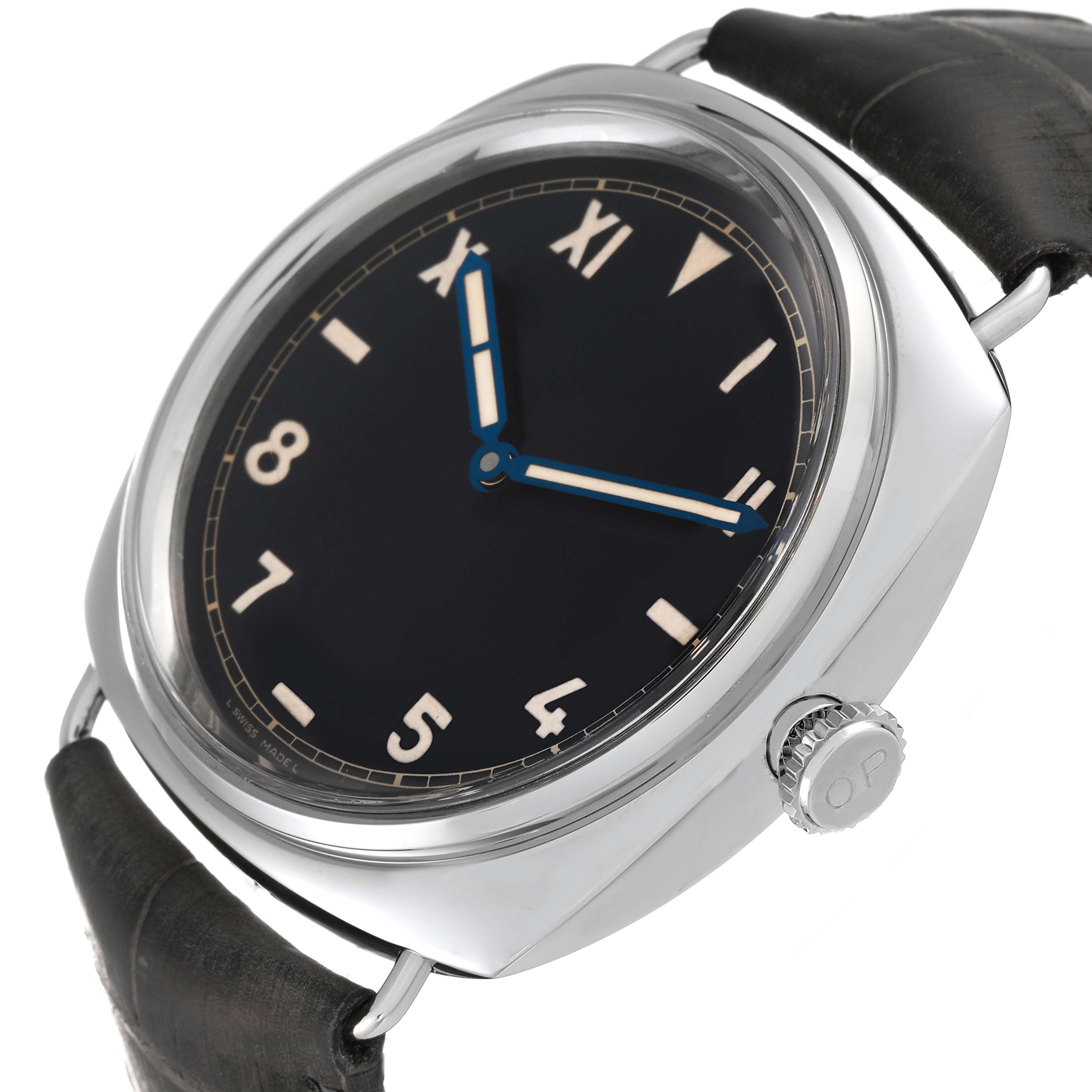 The Panerai Radiomir PAM00249 Men's Stainless Steel Black Dial PAM00249 Men's Stainless Steel Black Dial watch is shown at an angle highlighting the dial, crown, and part of the leather strap.