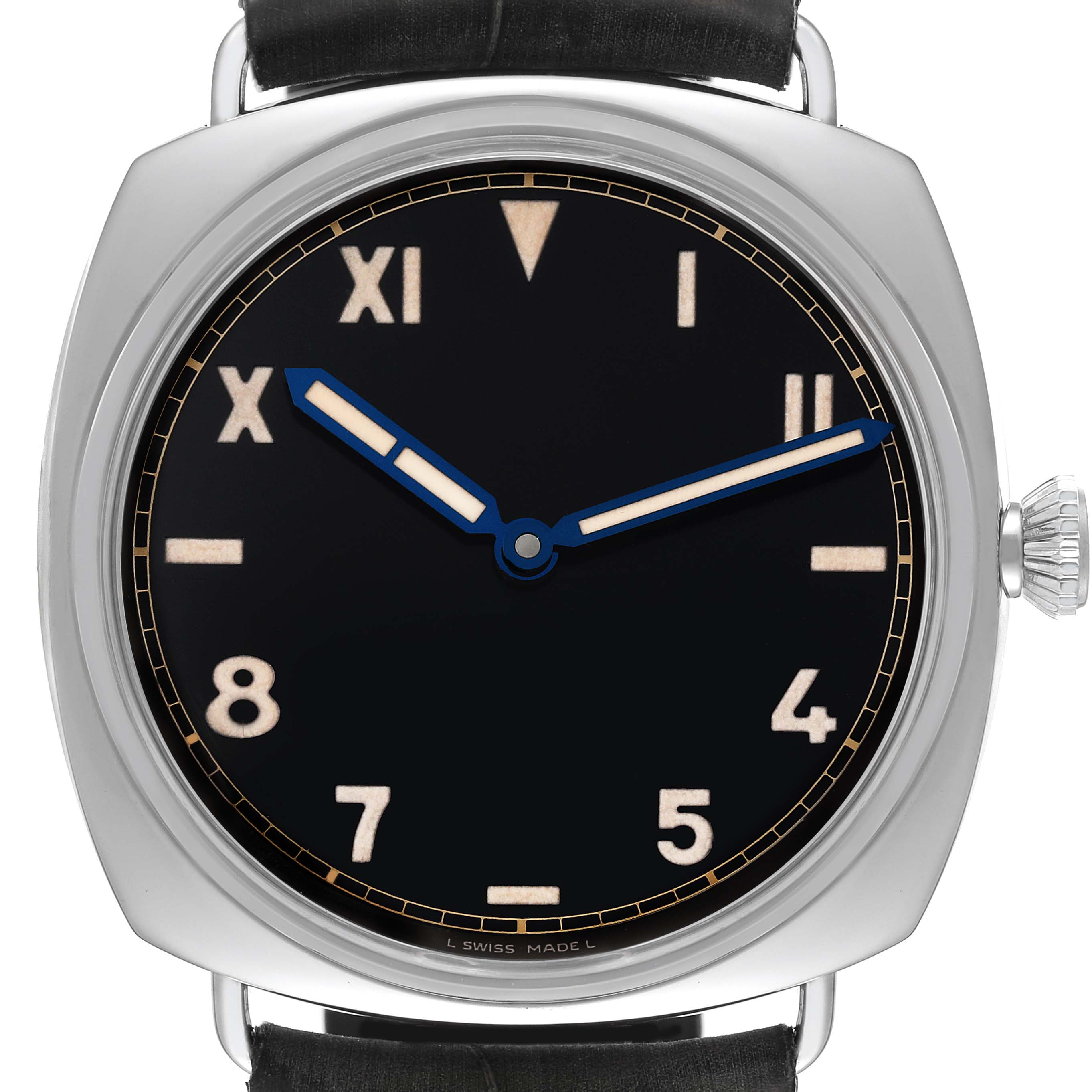 The image shows a front view of the watch face and crown of a Radiomir model by Panerai.