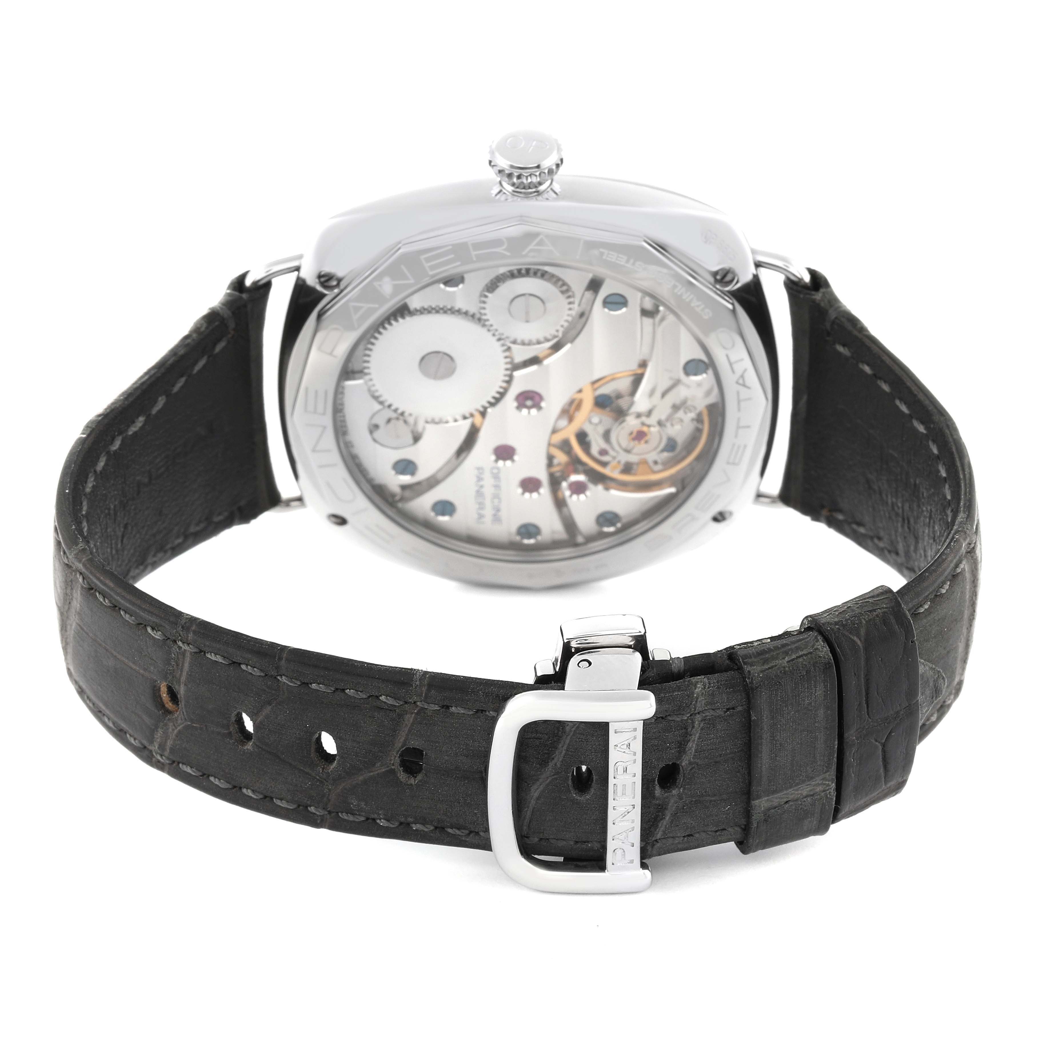 The image shows the back view of a Panerai Radiomir PAM00249 Men's Stainless Steel Black Dial PAM00249 Men's Stainless Steel Black Dial watch, highlighting the mechanical movement and leather strap.