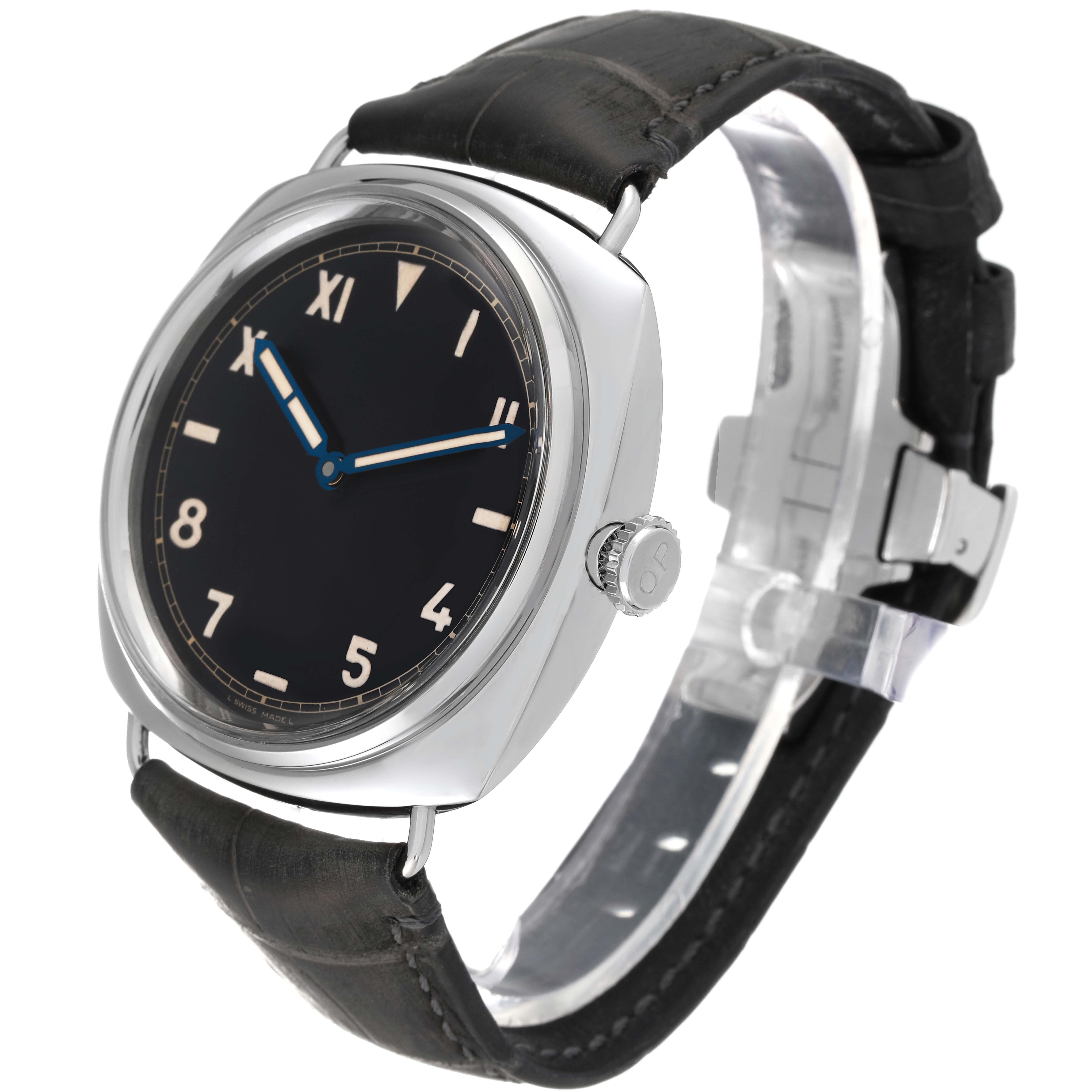 This Panerai Radiomir PAM00249 Men's Stainless Steel Black Dial PAM00249 Men's Stainless Steel Black Dial watch is shown at a three-quarter angle, displaying its dial, crown, lugs, and leather strap.