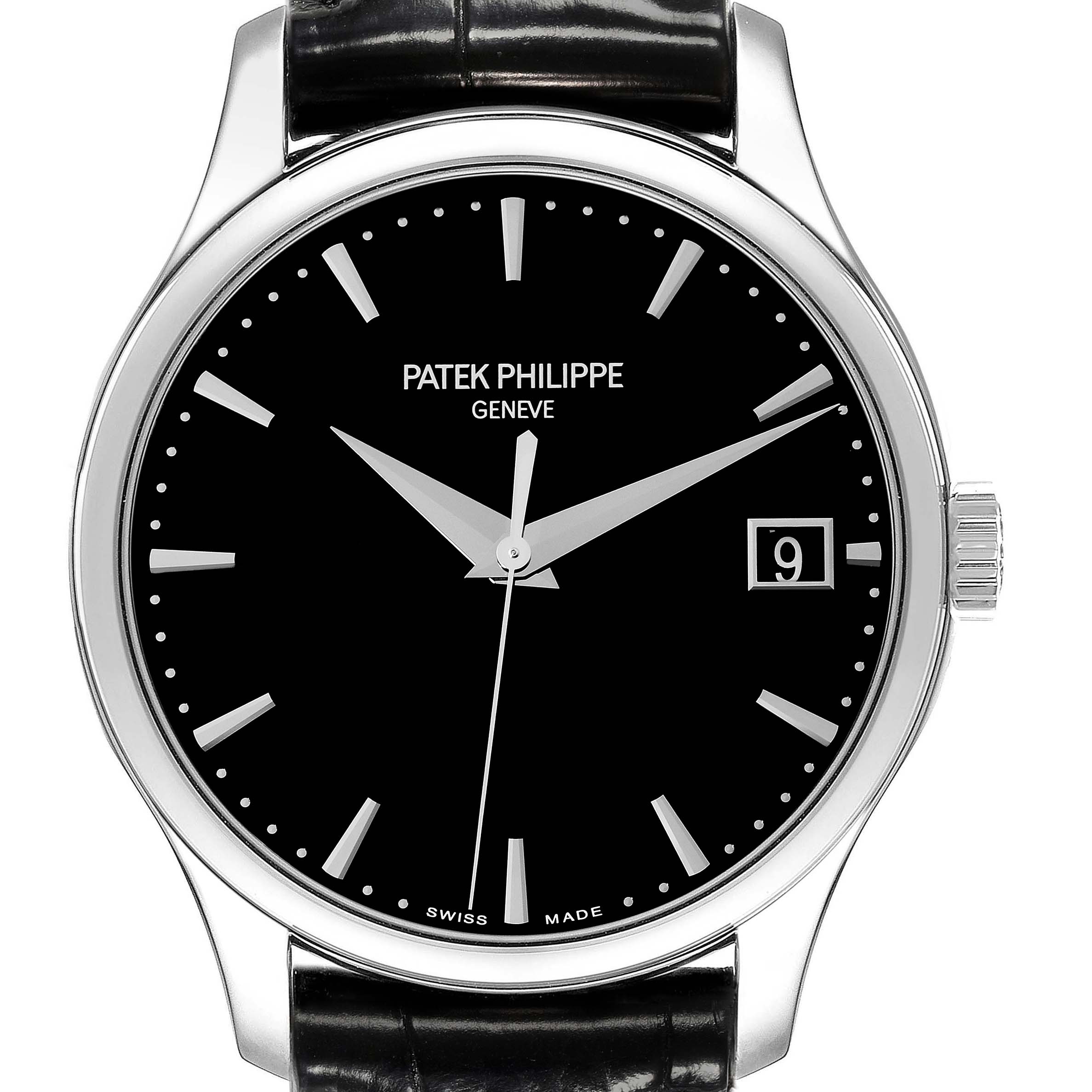 The image shows a front view of the Patek Philippe Calatrava 5227G-010 Men's White Gold Black Dial 5227G-010 Men's White Gold Black Dial watch, highlighting its black dial, silver hands and markers, date display, and leather strap.
