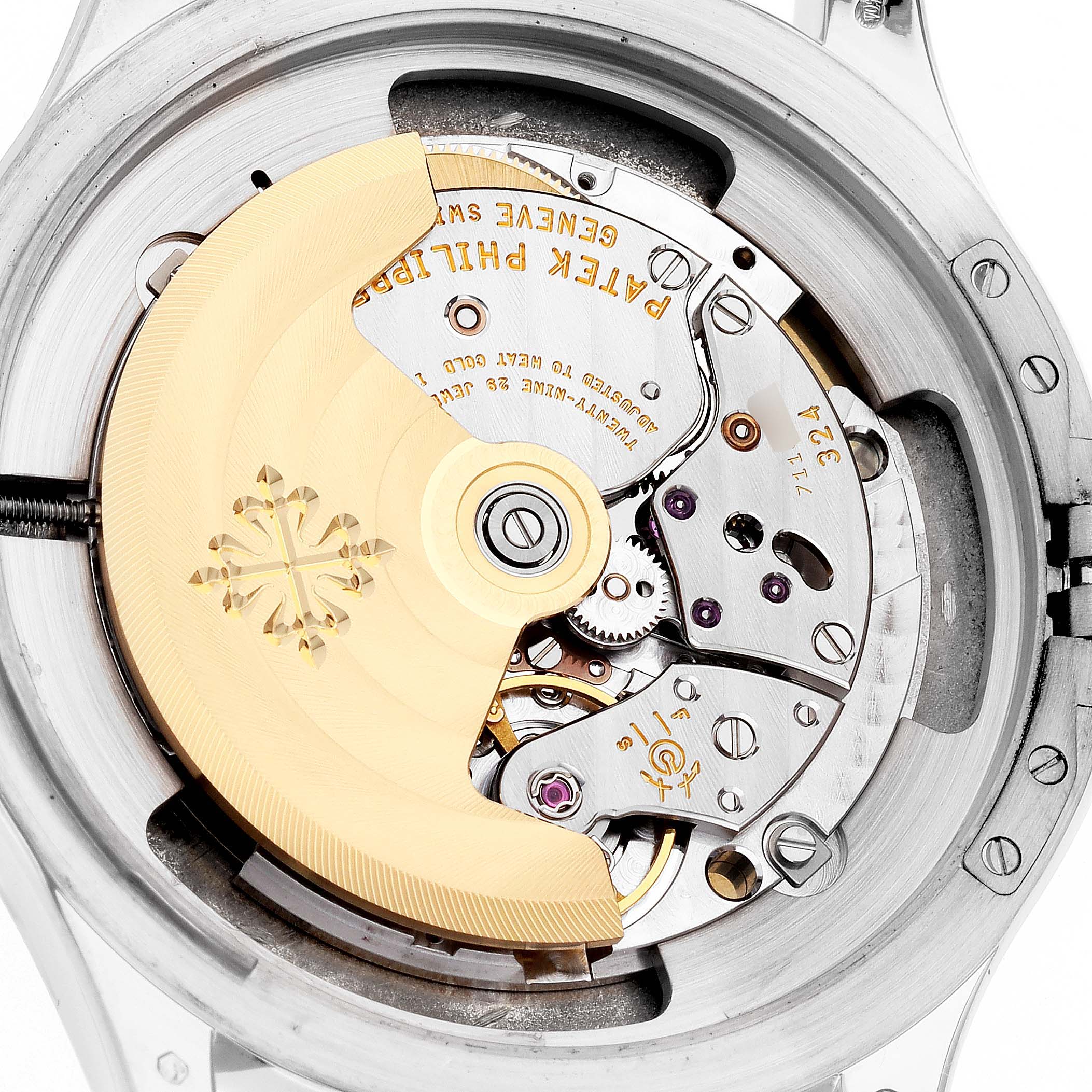 This image shows the movement and inner workings of the Patek Philippe Calatrava 5227G-010 Men's White Gold Black Dial 5227G-010 Men's White Gold Black Dial watch, viewed from the back.