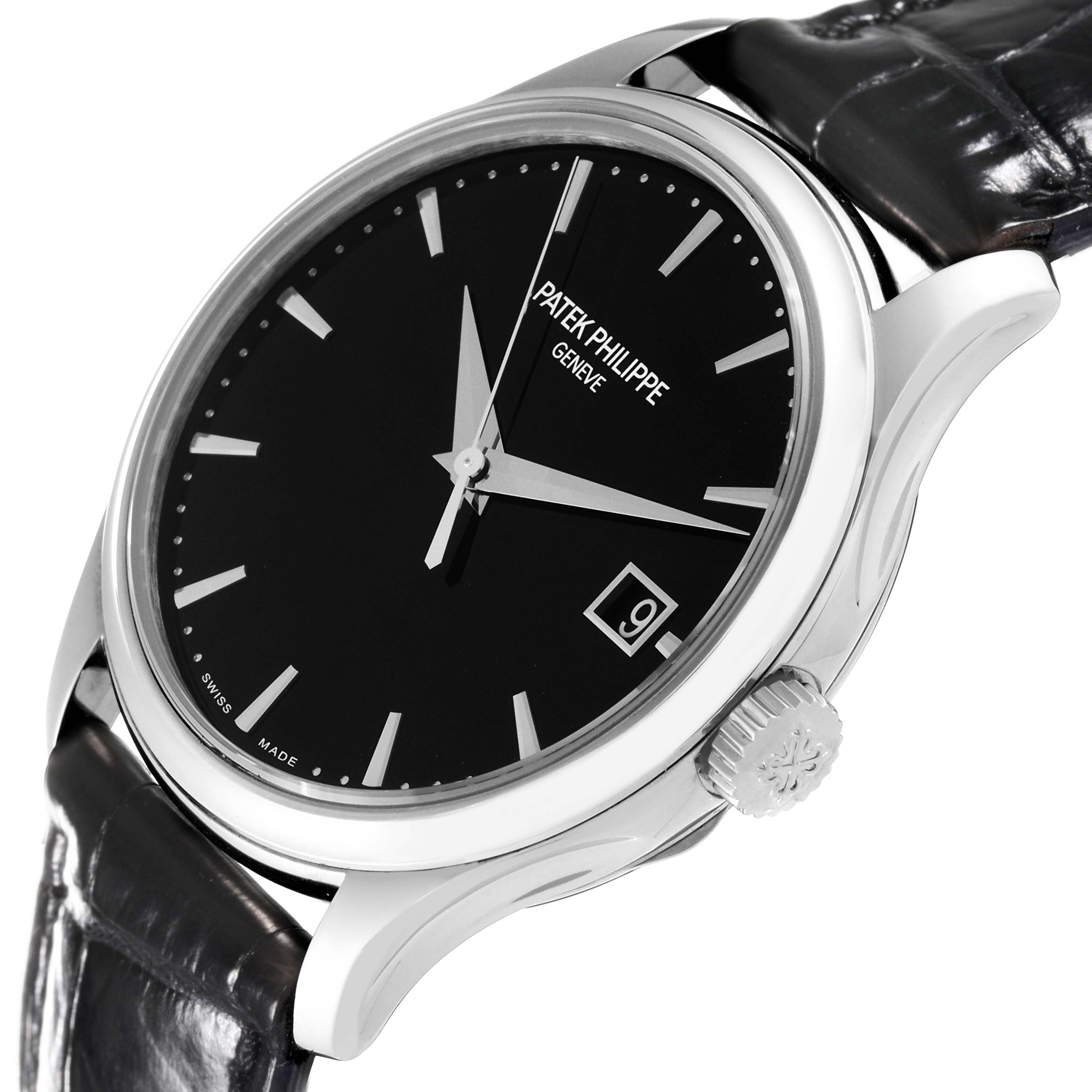 The image shows a side angle of a Patek Philippe Calatrava 5227G-010 Men's White Gold Black Dial 5227G-010 Men's White Gold Black Dial watch, highlighting its dial, crown, and leather strap.