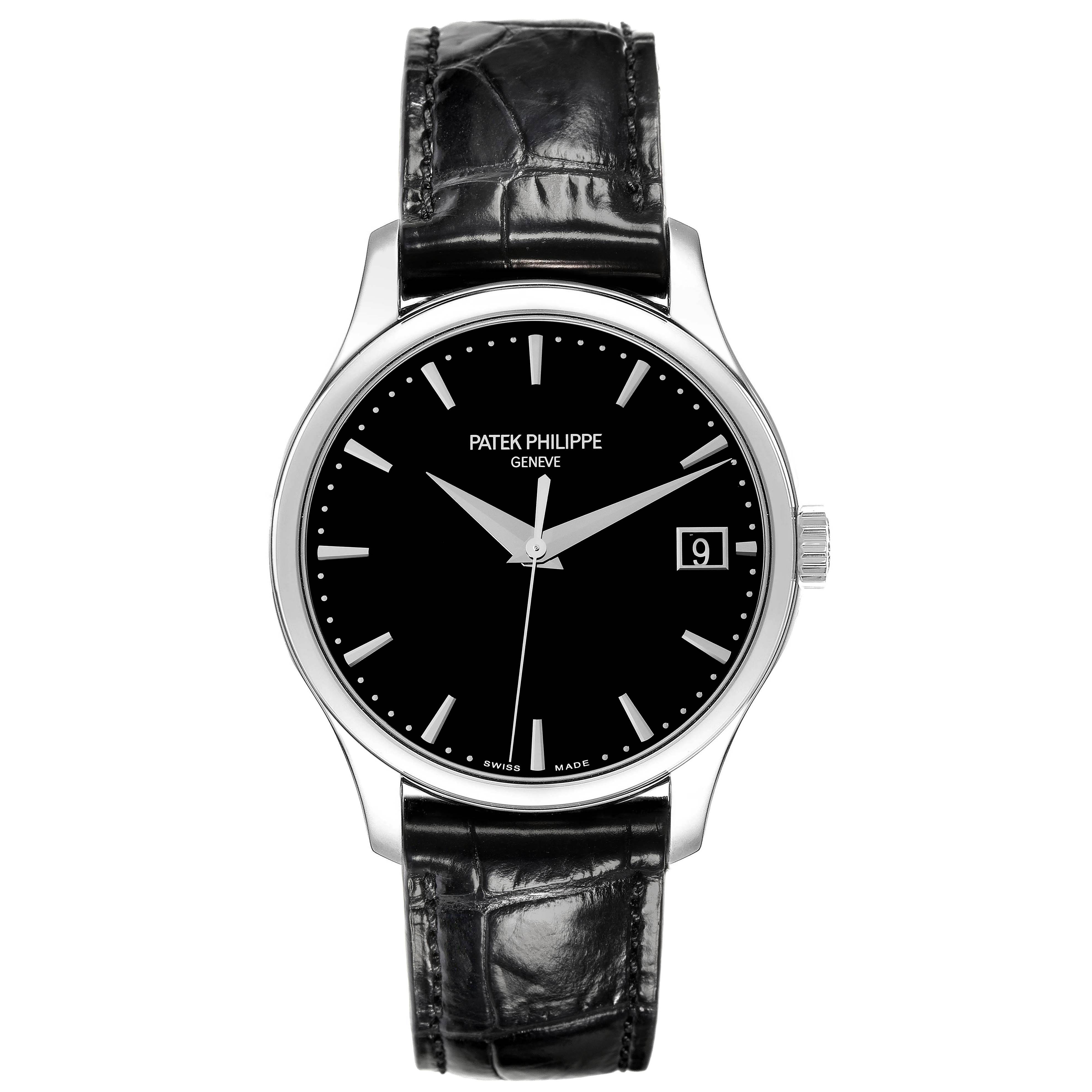 The image shows a front view of the Patek Philippe Calatrava 5227G-010 Men's White Gold Black Dial 5227G-010 Men's White Gold Black Dial watch with a black leather strap and black dial.