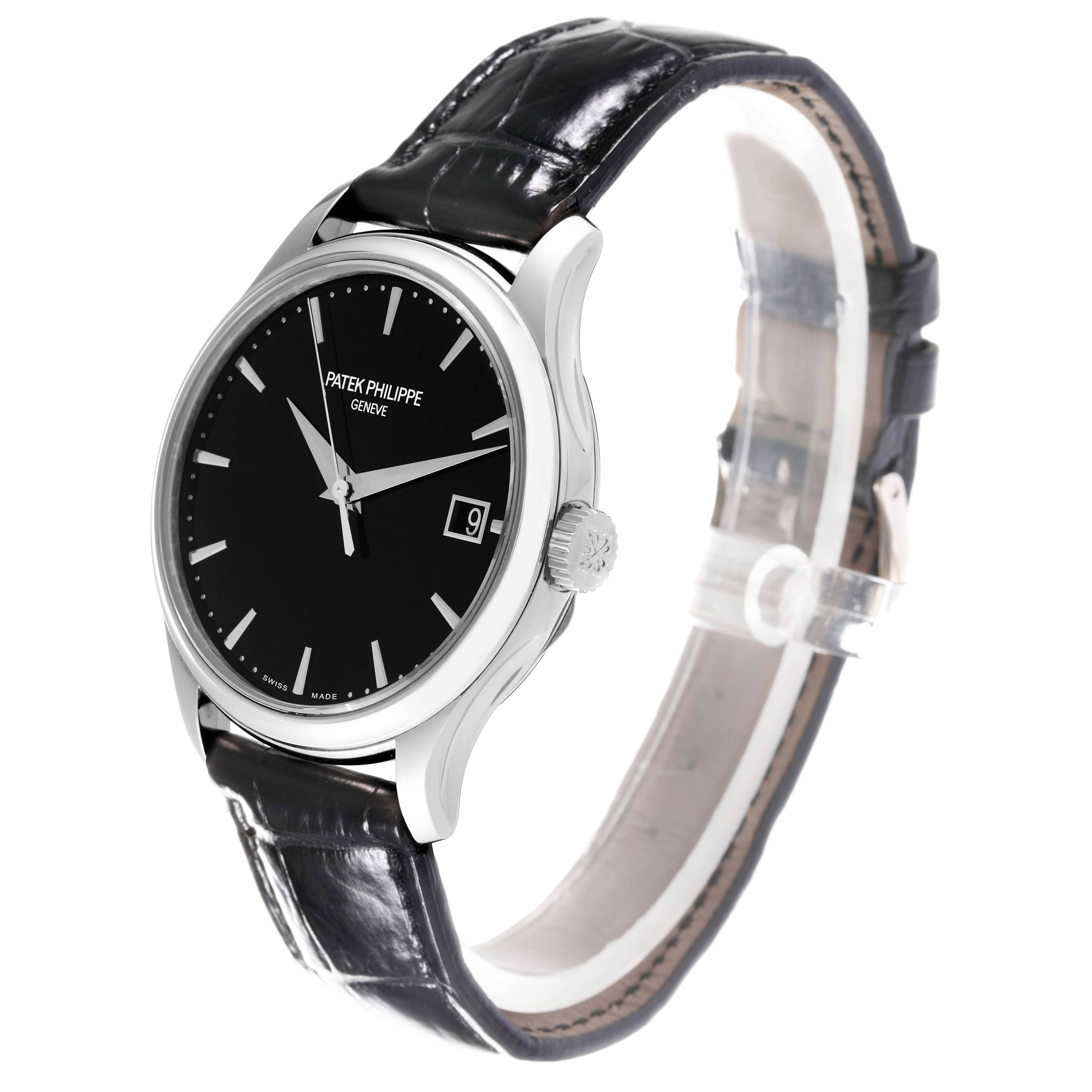 The image shows a Patek Philippe Calatrava 5227G-010 Men's White Gold Black Dial 5227G-010 Men's White Gold Black Dial watch from an angled side view, highlighting the face, strap, and crown.