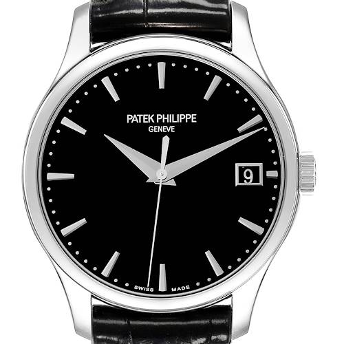 The image shows a front view of a Calatrava Patek Philippe watch featuring a black dial and date window.