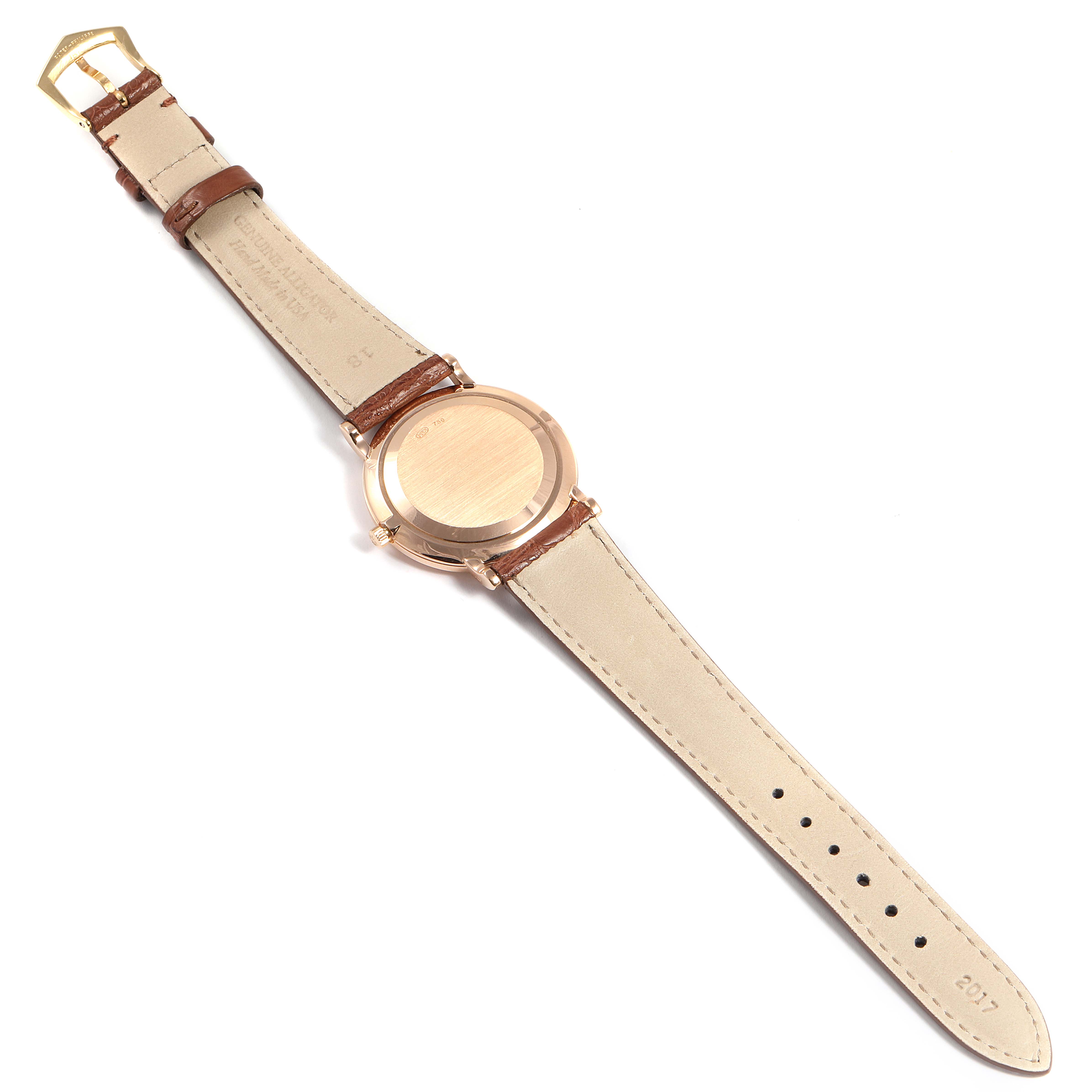 The image shows the back of a Patek Philippe Calatrava 5022 Men's Rose Gold White Dial 5022 Men's Rose Gold White Dial watch, including its case, strap, and buckle.