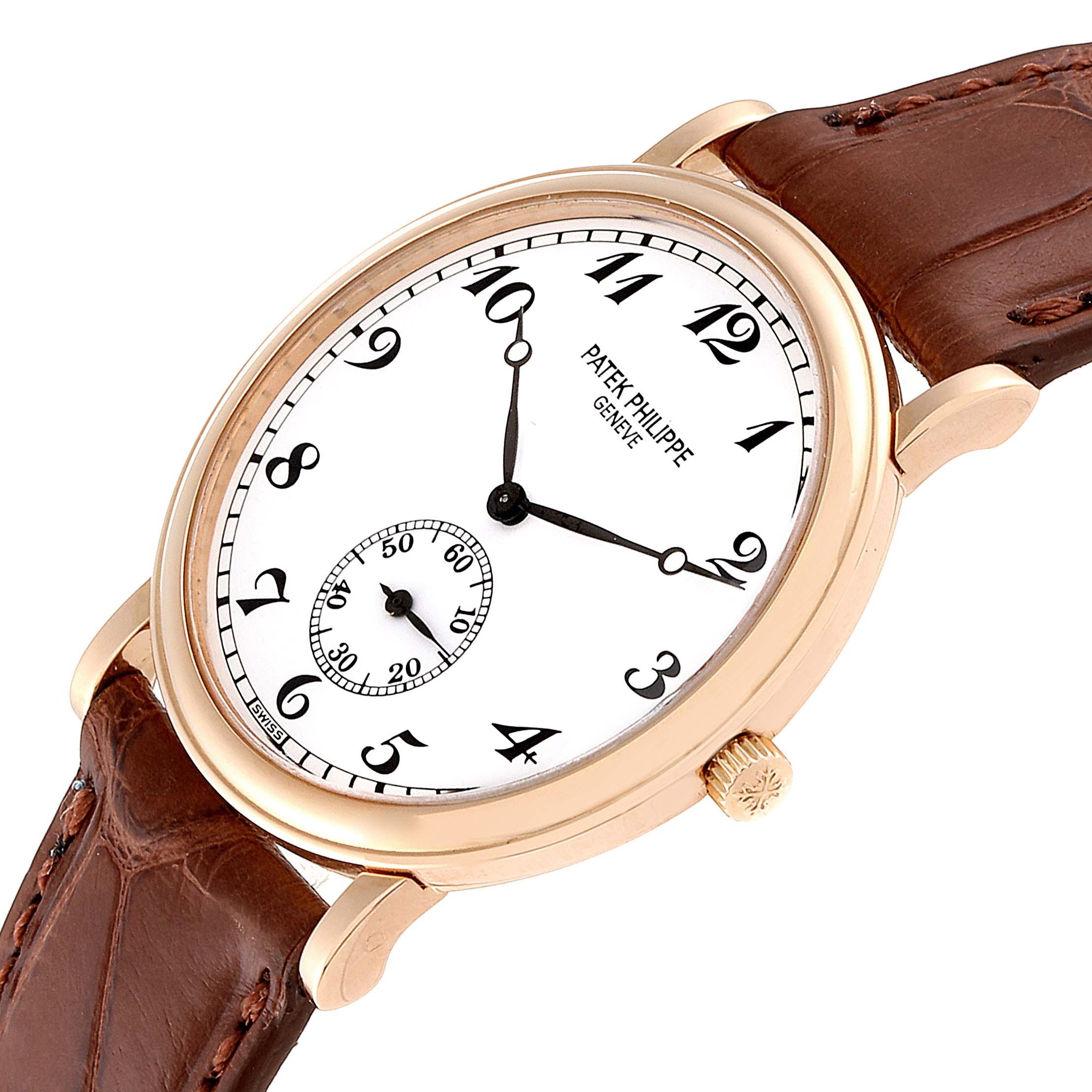 The image shows a Patek Philippe Calatrava 5022 Men's Rose Gold White Dial 5022 Men's Rose Gold White Dial watch at an angle, highlighting the face, case, crown, and part of the leather strap.