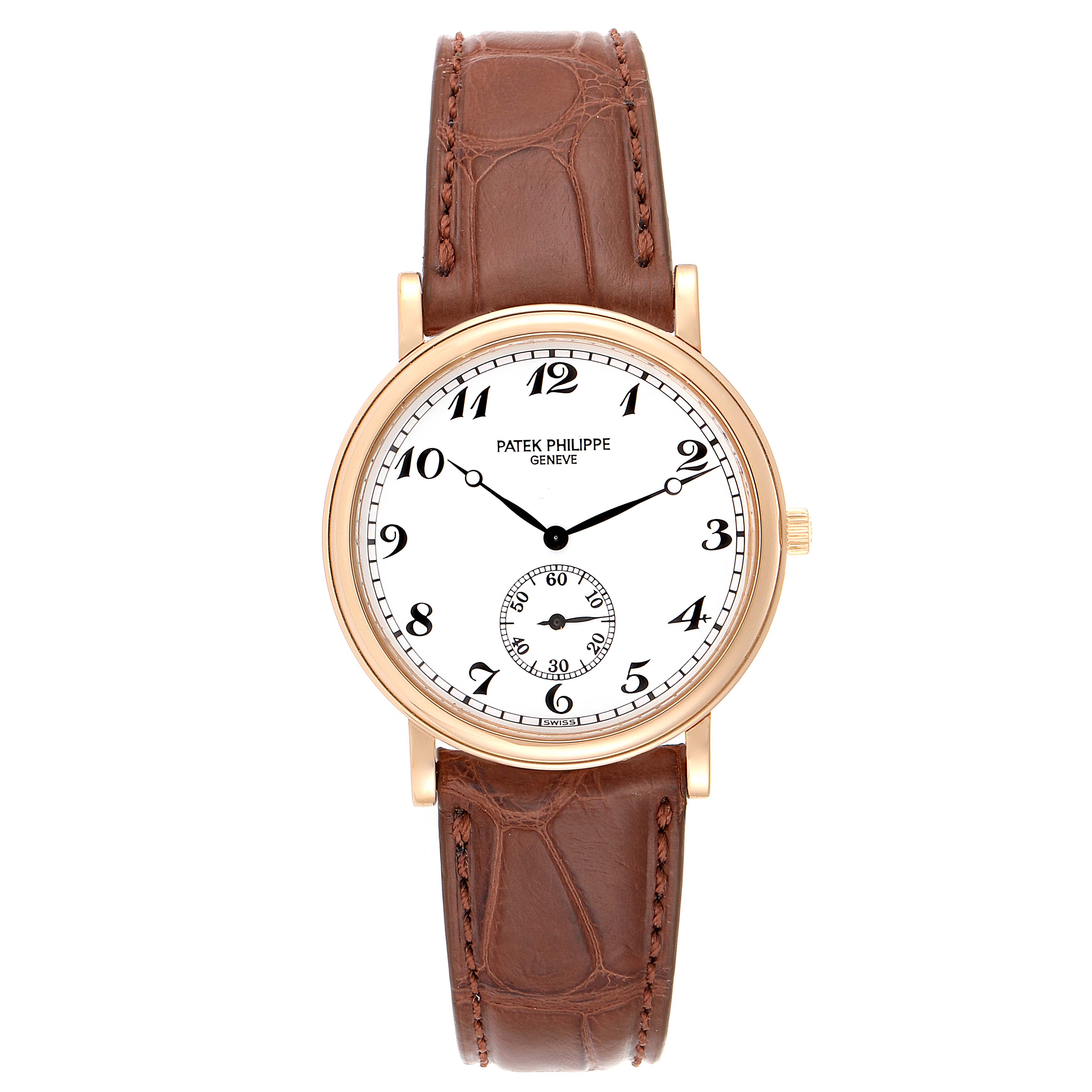 The image shows a frontal view of a Patek Philippe Calatrava 5022 Men's Rose Gold White Dial 5022 Men's Rose Gold White Dial watch with a brown leather strap and white dial.