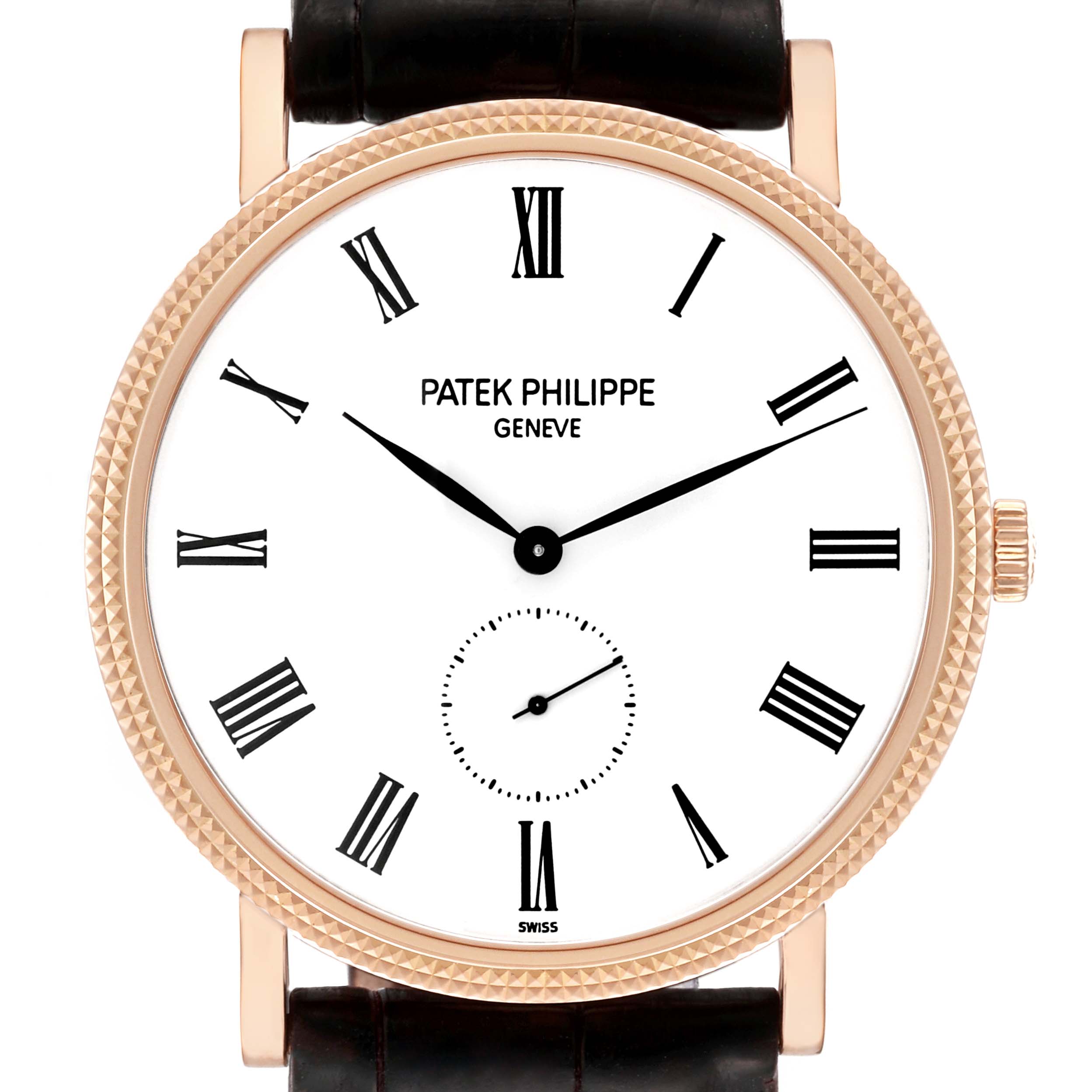 The image shows a front view of a Patek Philippe Calatrava 5119R Men's Rose Gold White Dial 5119R Men's Rose Gold White Dial watch, displaying its white dial, Roman numerals, and leather strap.