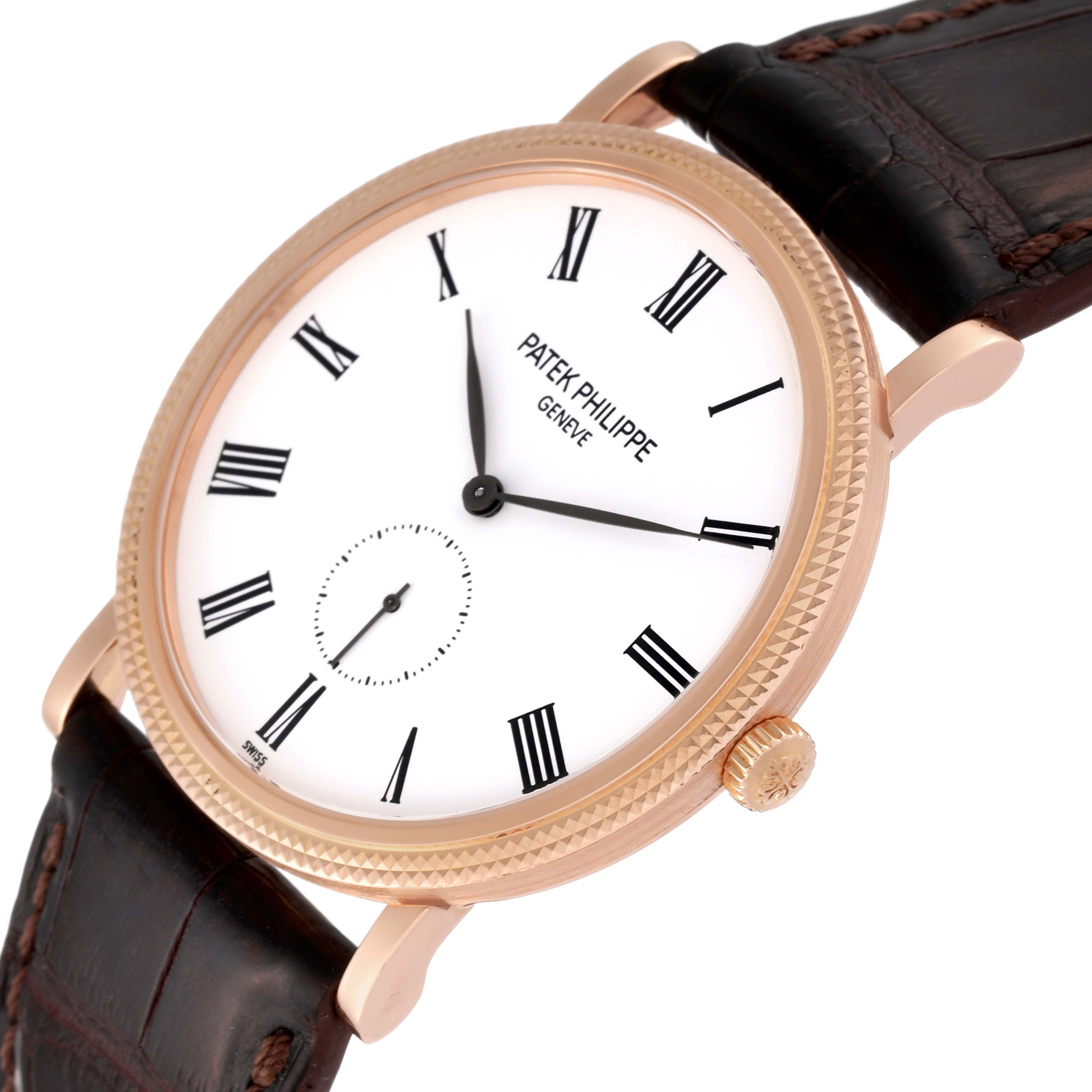 The image shows a close-up, angled view of a Patek Philippe Calatrava 5119R Men's Rose Gold White Dial 5119R Men's Rose Gold White Dial watch, highlighting the watch face, bezel, crown, and part of the strap.