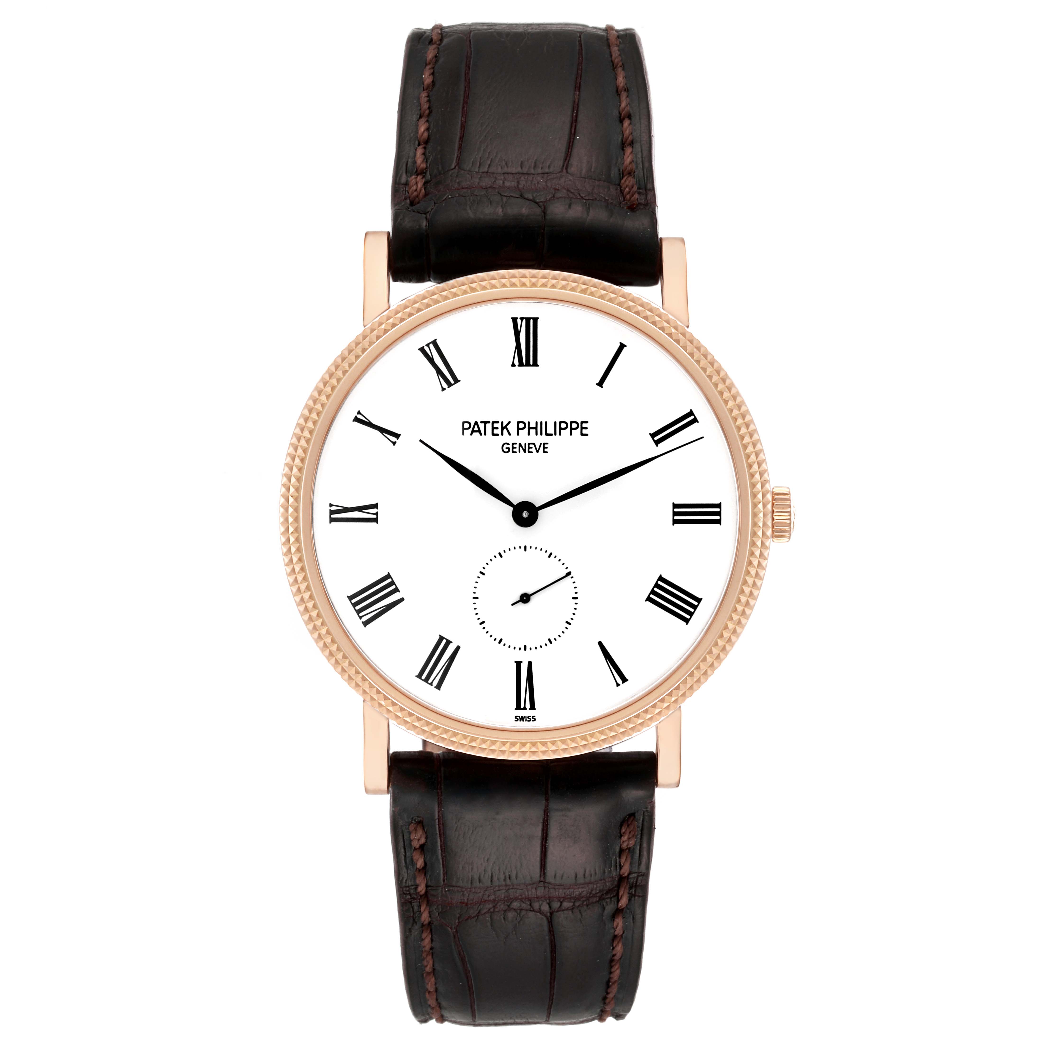 The image shows a front view of the Patek Philippe Calatrava 5119R Men's Rose Gold White Dial 5119R Men's Rose Gold White Dial watch, featuring its face, bezel, and leather strap.