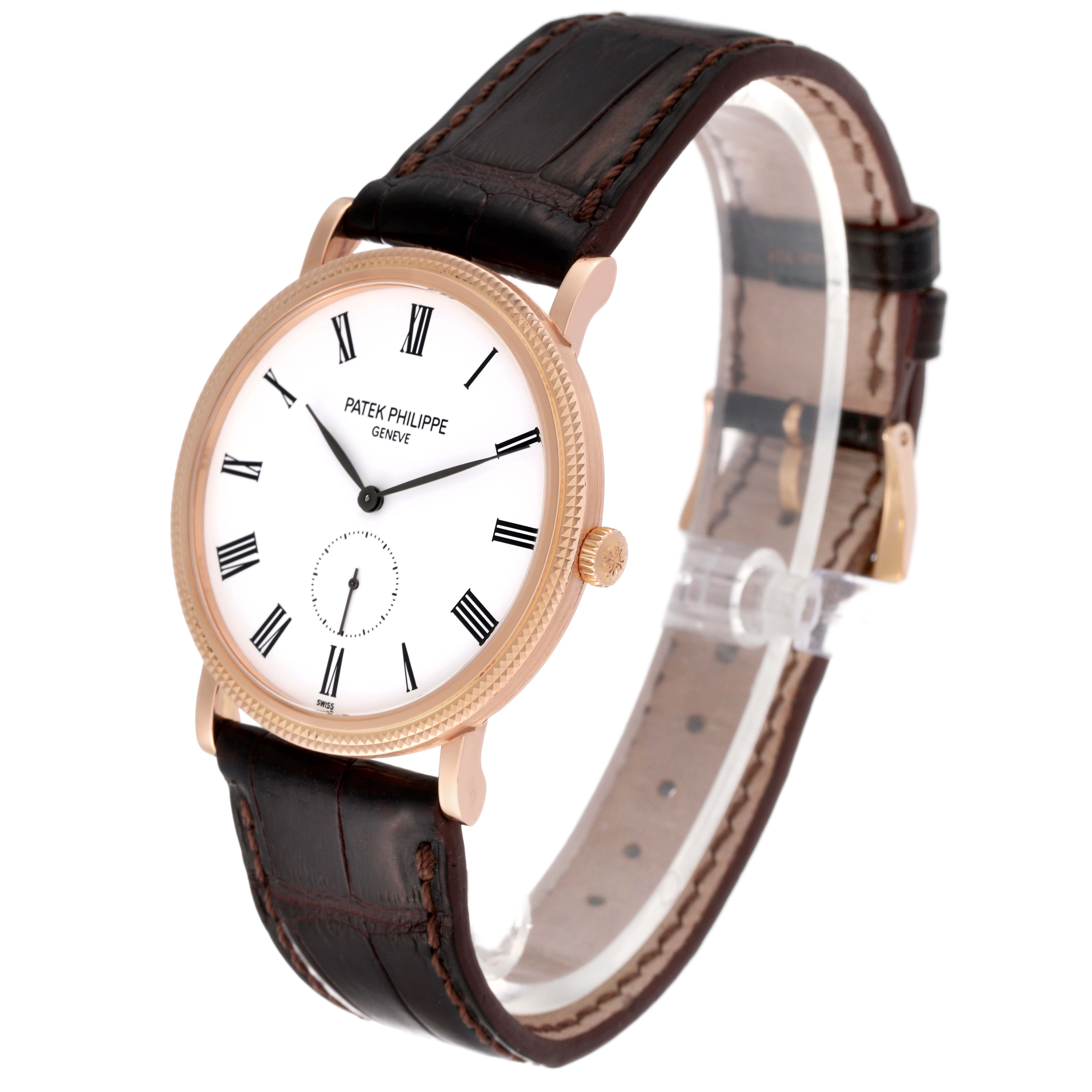 The image shows a Patek Philippe Calatrava 5119R Men's Rose Gold White Dial 5119R Men's Rose Gold White Dial watch at an angled front view, displaying the watch face, crown, and leather strap.