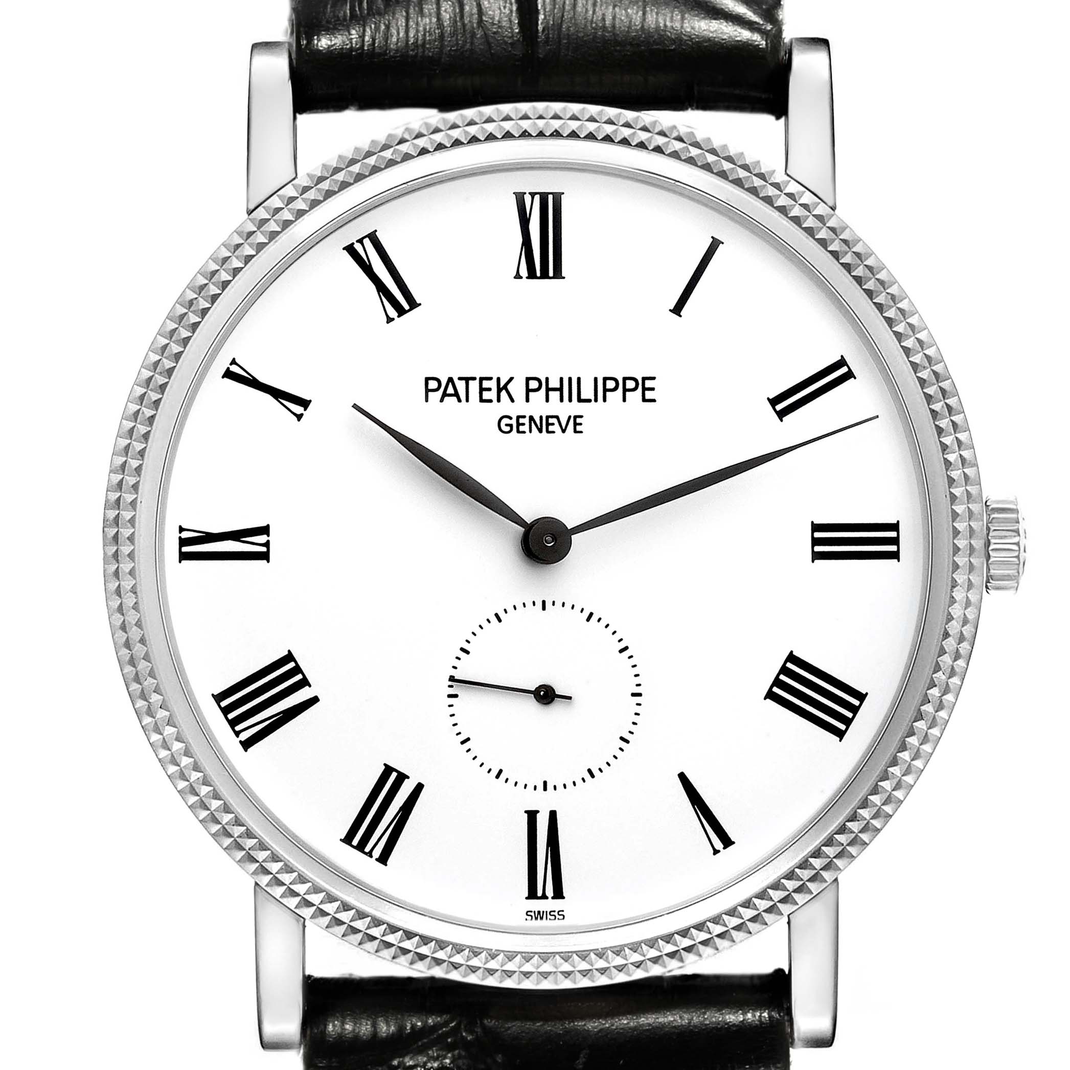 This image shows a front view of a Patek Philippe Calatrava 5119G-001 Men's White Gold White Dial 5119G-001 Men's White Gold White Dial watch, highlighting its face, hands, and Roman numerals.