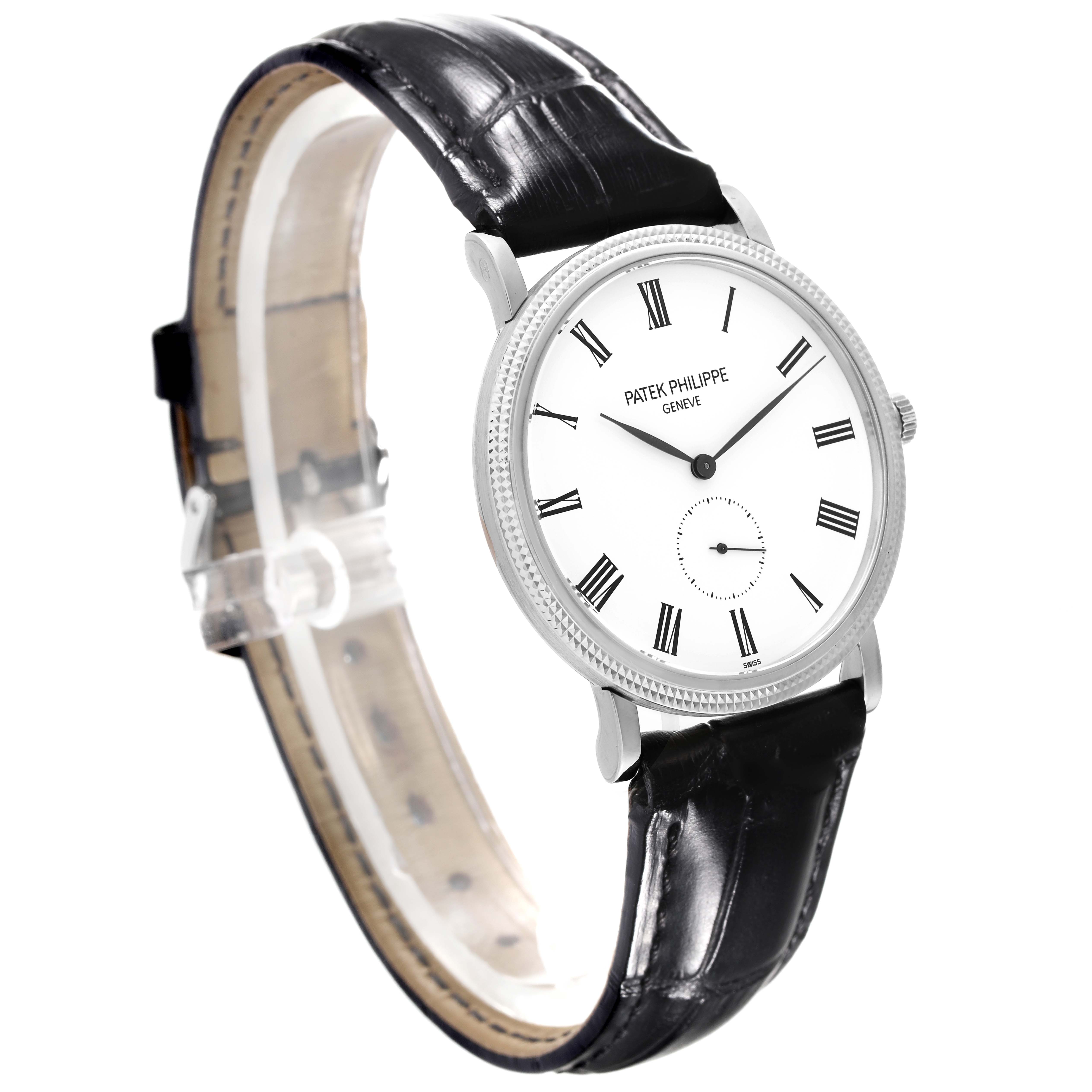 The image shows a front angle view of a Patek Philippe Calatrava 5119G-001 Men's White Gold White Dial 5119G-001 Men's White Gold White Dial watch, highlighting its face and leather strap.