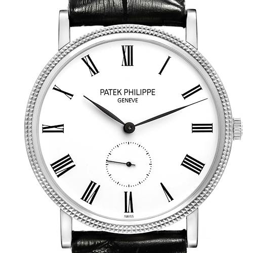 The image shows a front view of a Patek Philippe Calatrava watch, highlighting the Roman numeral dial and black leather strap.