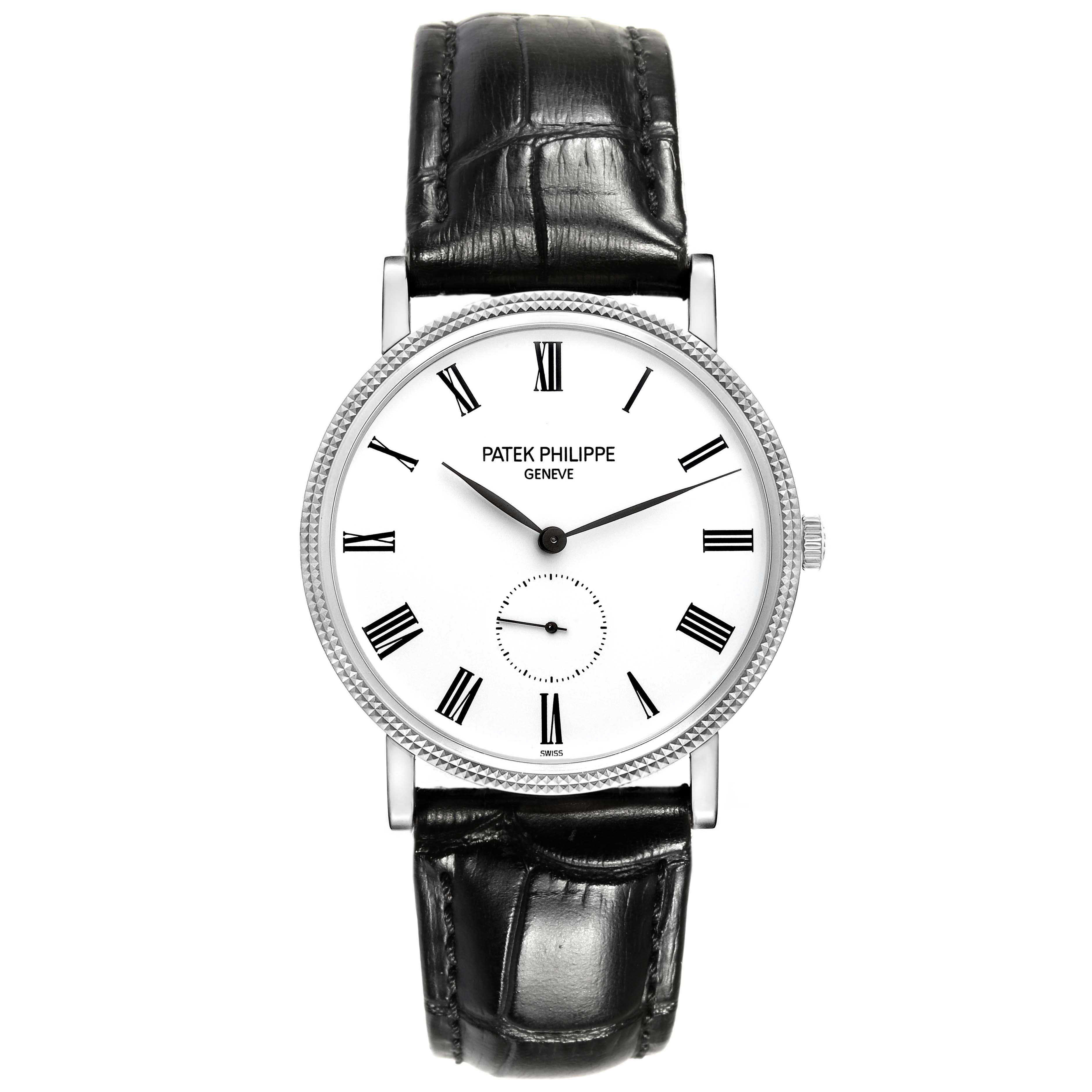 The image shows a front view of a Patek Philippe Calatrava 5119G-001 Men's White Gold White Dial 5119G-001 Men's White Gold White Dial watch with a white dial, Roman numerals, and a black leather strap.