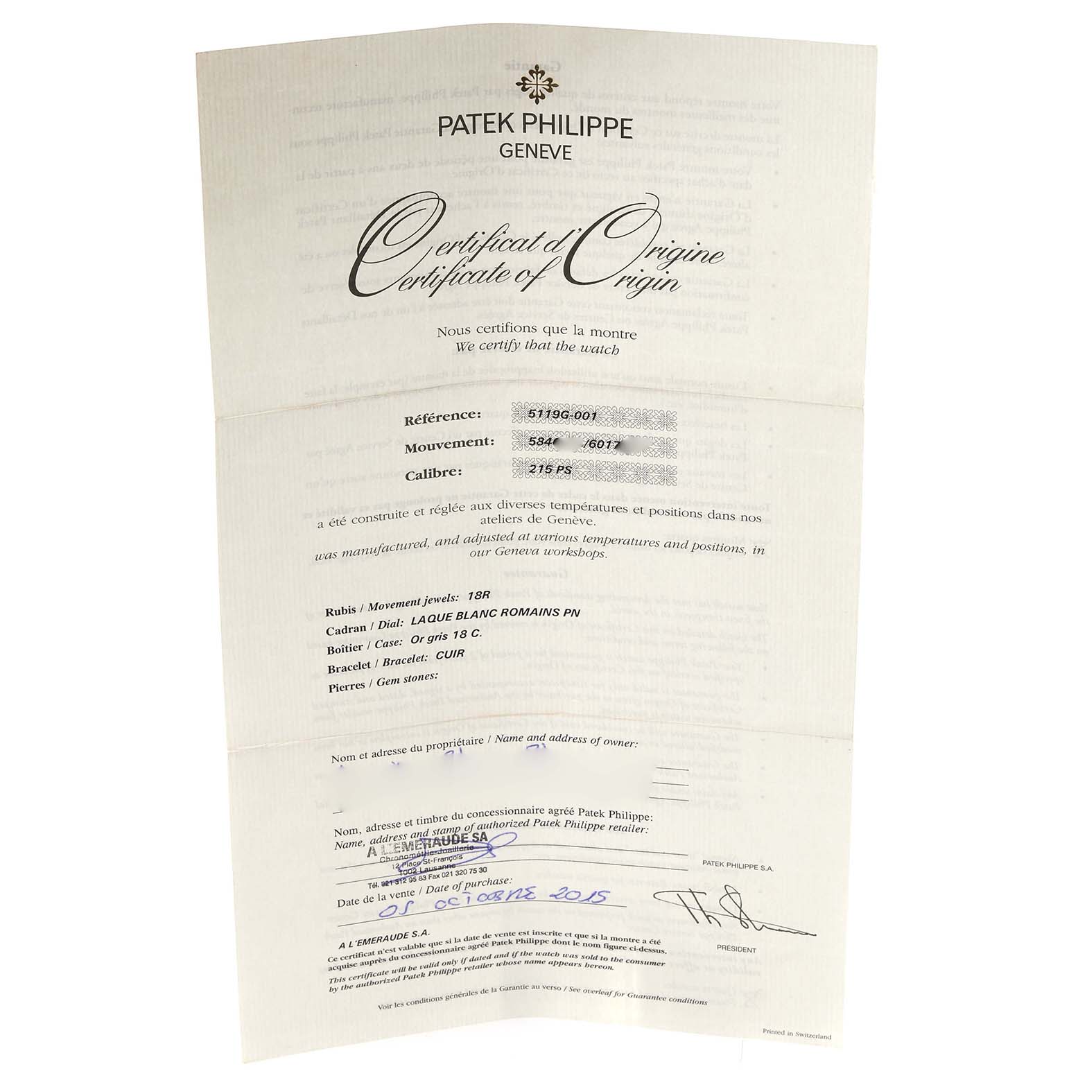 The image shows the Certificate of Origin for a Patek Philippe Calatrava 5119G-001 Men's White Gold White Dial 5119G-001 Men's White Gold White Dial watch, displaying detailed information about the timepiece.