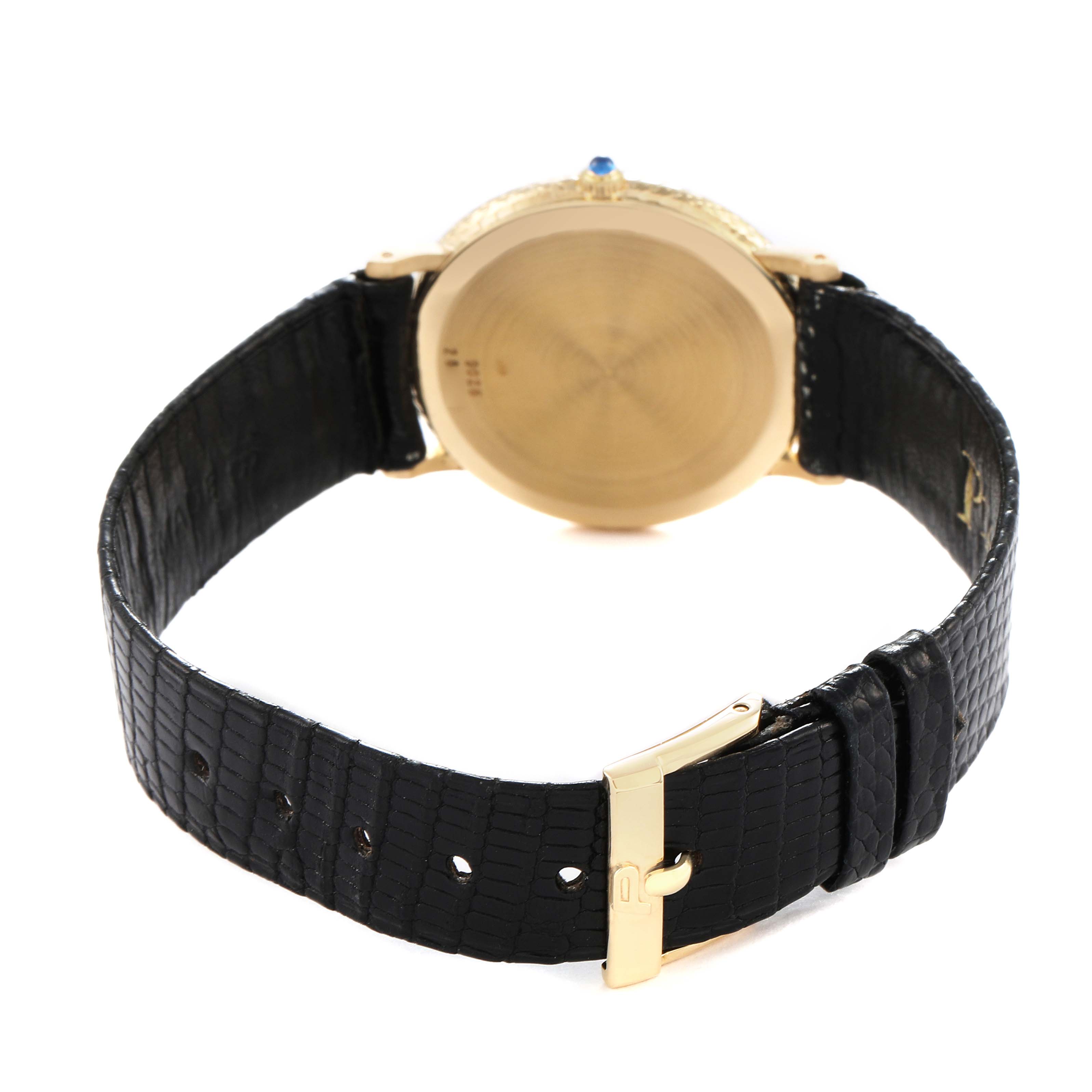 The image shows the back of the Piaget 9026 Women's Yellow Gold Black Dial Dancer Vintage Yellow Gold Black Dial Ladies Watch 9026, highlighting the case back and strap.