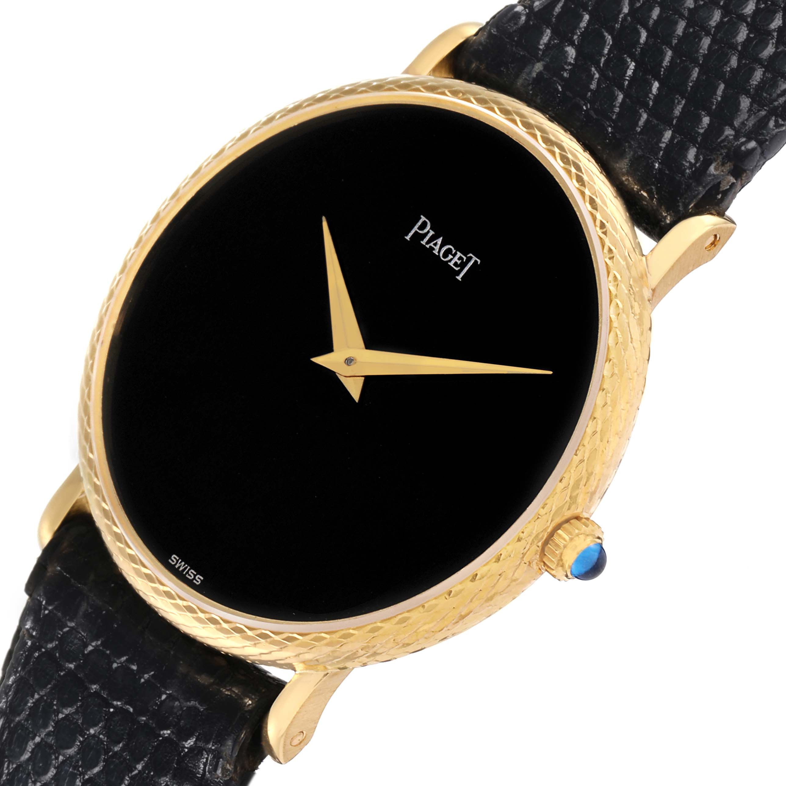 The Piaget 9026 Women's Yellow Gold Black Dial Dancer Vintage 9026 is shown at an angled view, highlighting its yellow gold case, black dial, and leather strap.