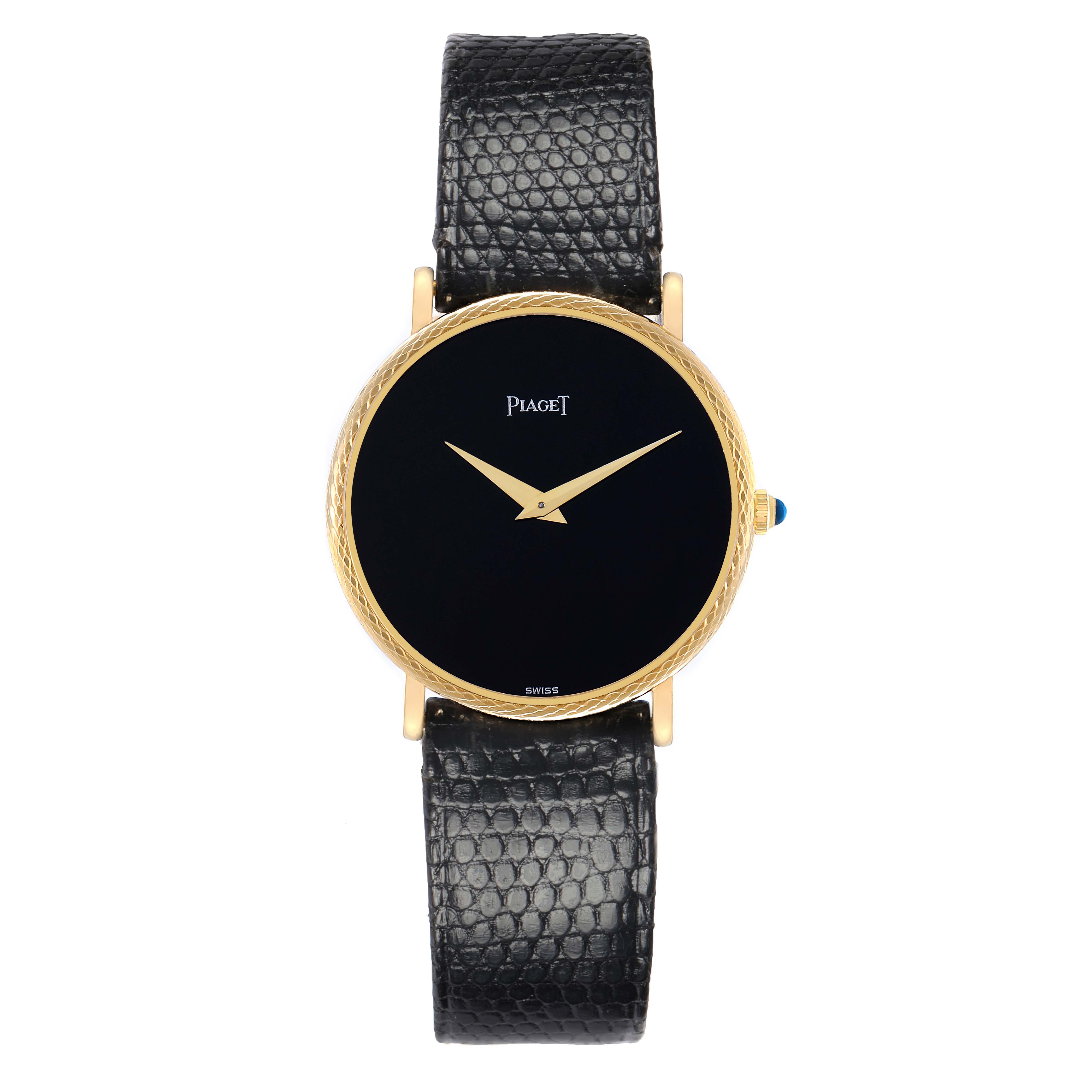 The Piaget 9026 Women's Yellow Gold Black Dial Dancer Vintage Yellow Gold Black Dial Ladies Watch 9026 is shown from a top-down angle, displaying its face, strap, and crown.