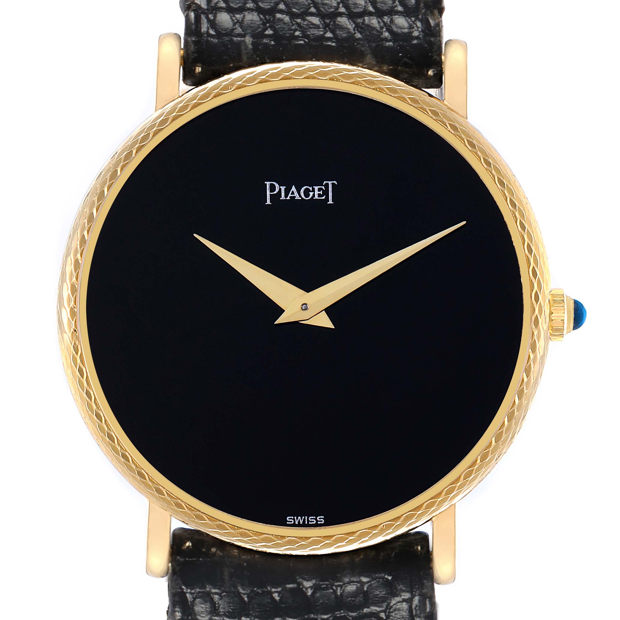 The image shows a front view of the Piaget 9026 Women's Yellow Gold Black Dial Dancer Vintage Yellow Gold Black Dial Ladies Watch 9026, highlighting the black dial and textured gold bezel.