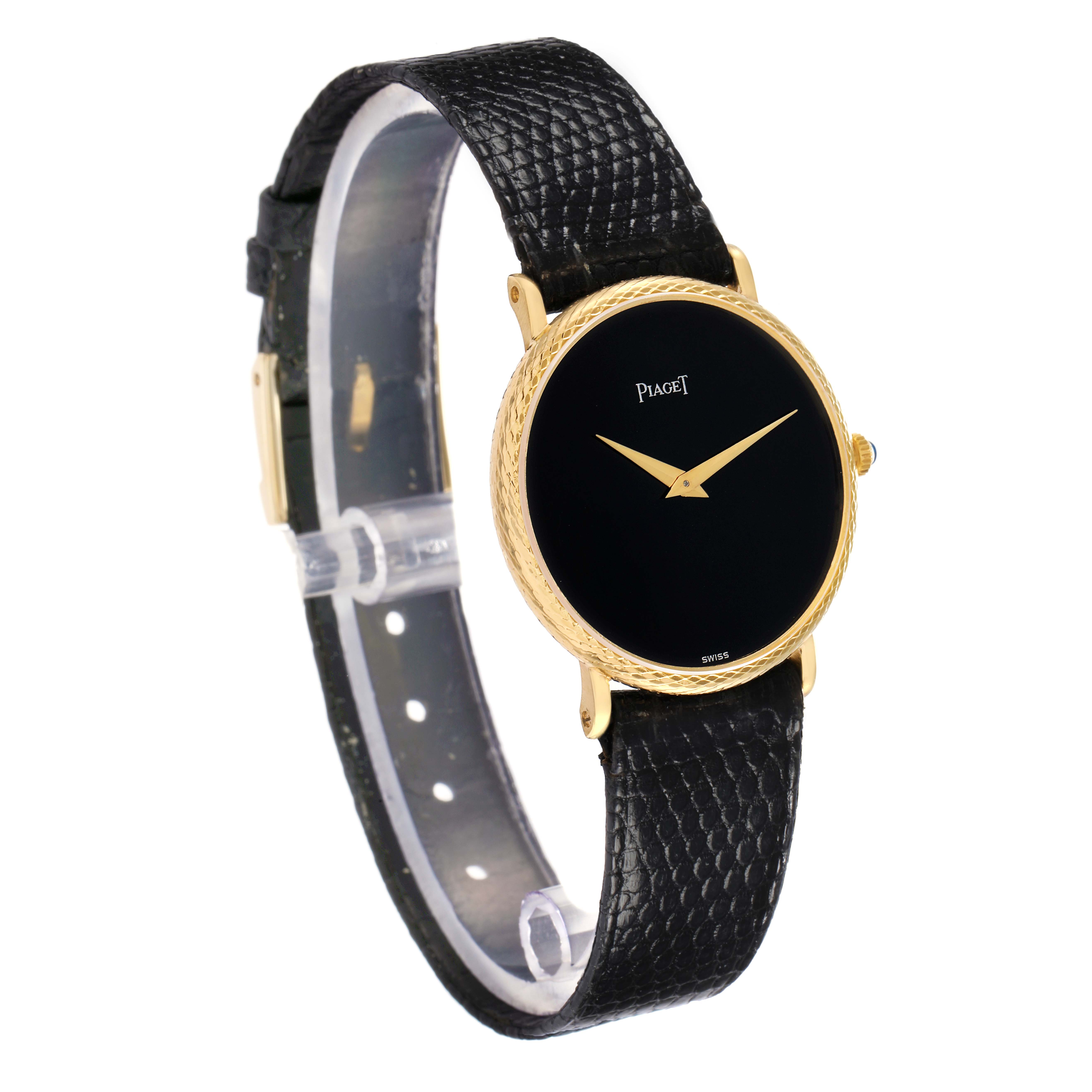 The Piaget 9026 Women's Yellow Gold Black Dial Dancer Vintage Yellow Gold Black Dial Ladies Watch 9026 is shown at a slight angle, featuring the gold case, black dial, and leather strap.