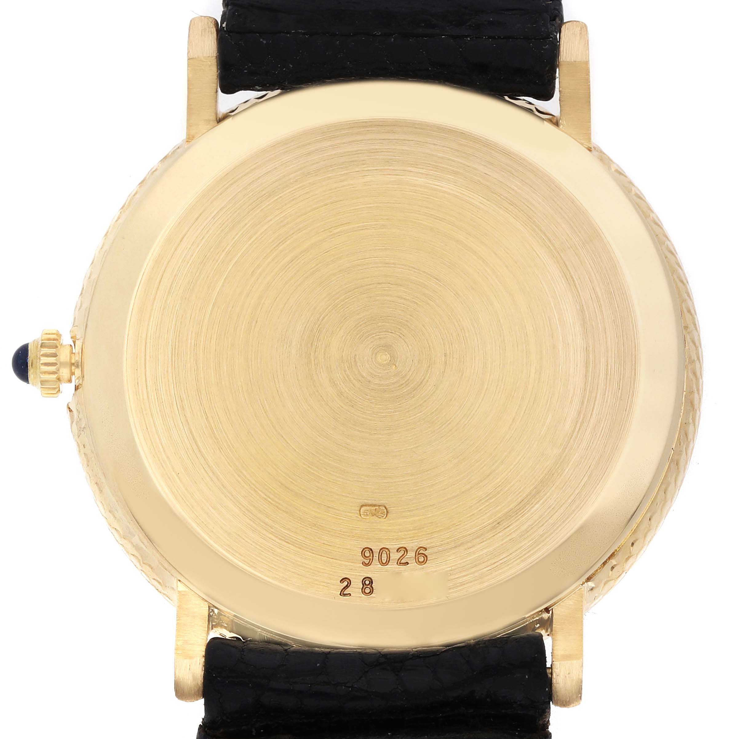 The image shows the back of a Piaget 9026 Women's Yellow Gold Black Dial Dancer Vintage Yellow Gold Black Dial Ladies Watch 9026, highlighting the case back and crown.