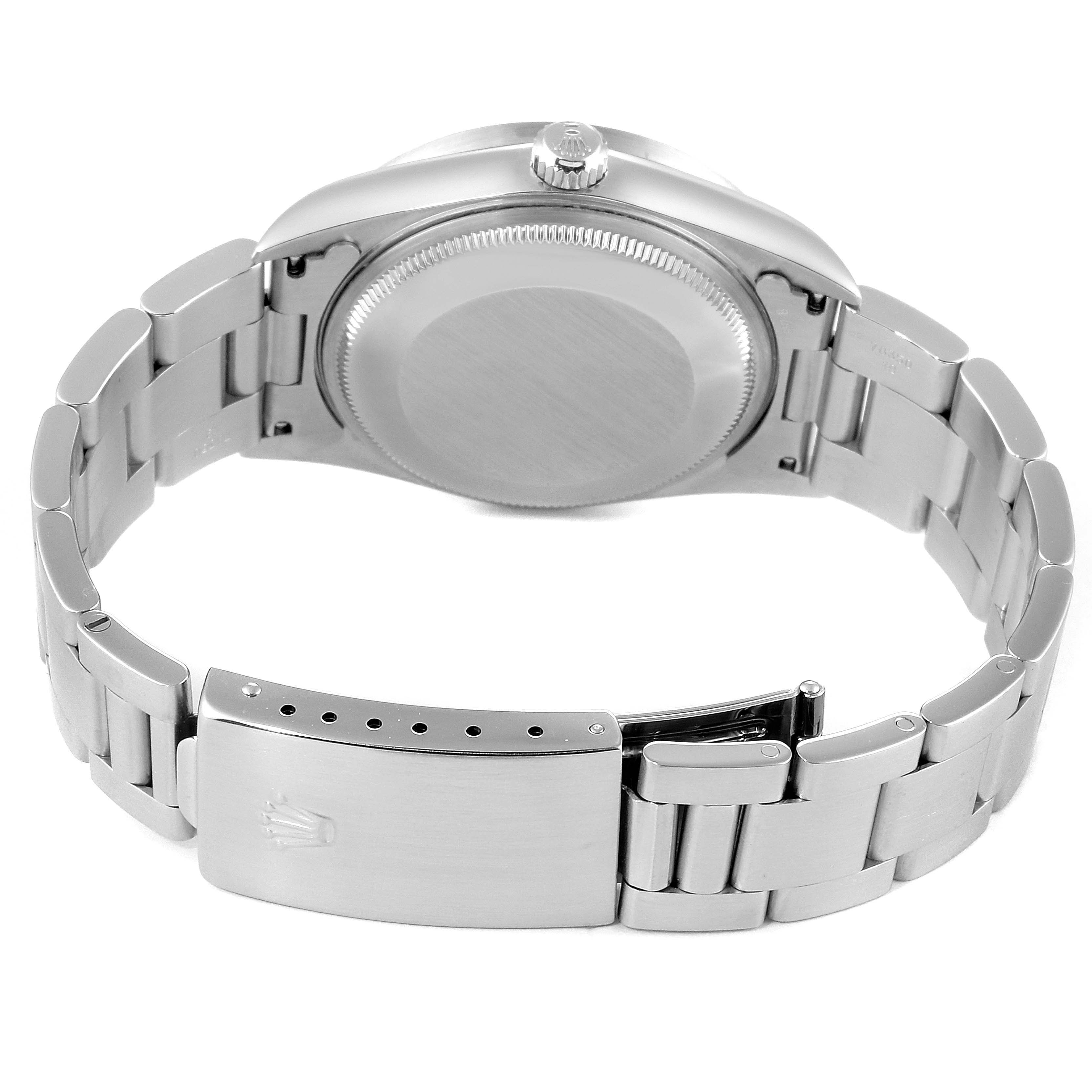 This image shows the back view of the Rolex Air-King 14010 Men's Stainless Steel Blue Dial 14010 Men's Stainless Steel Blue Dial model, highlighting the case back, bracelet, and clasp.