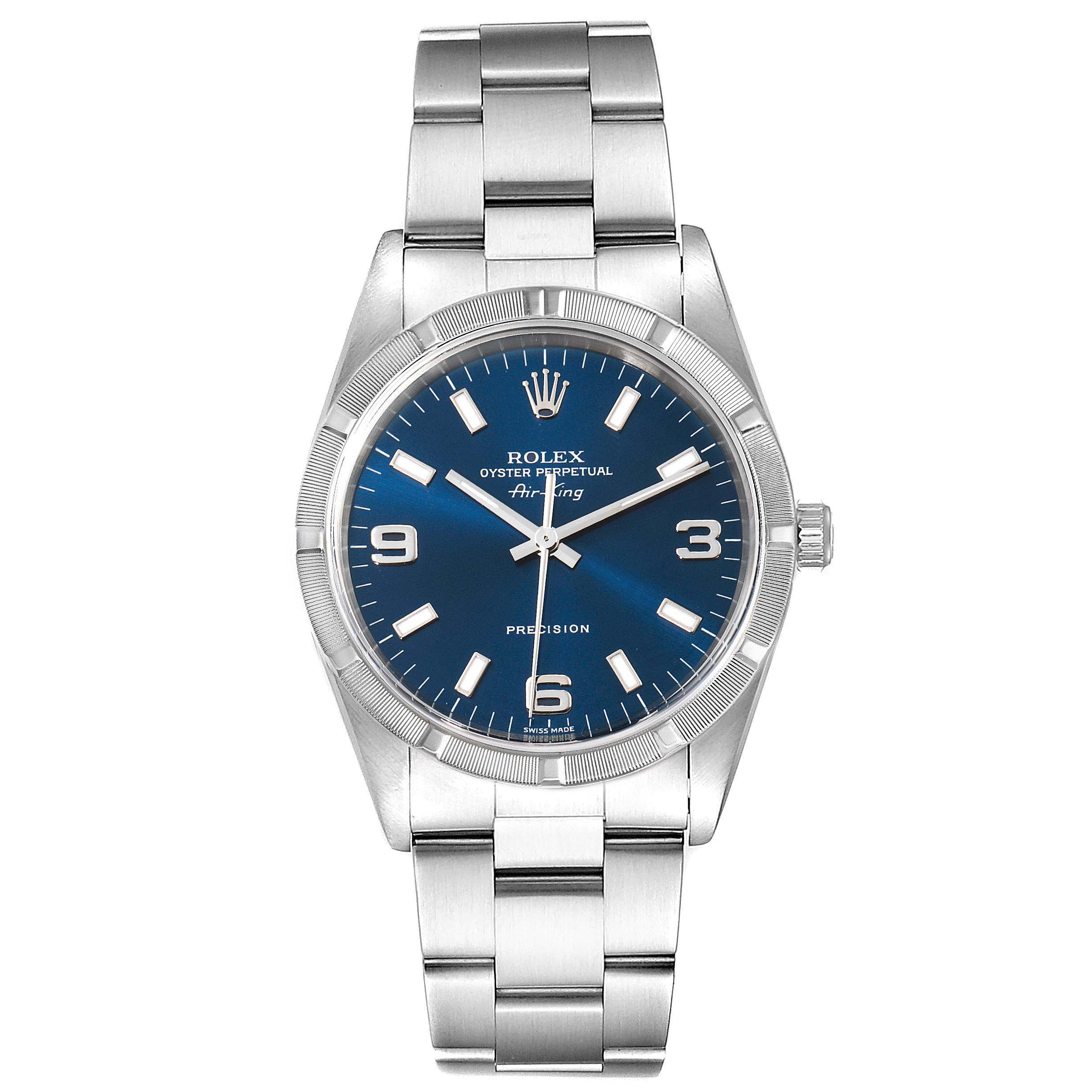 This image shows a front view of the Rolex Air-King 14010 Men's Stainless Steel Blue Dial 14010 Men's Stainless Steel Blue Dial watch, highlighting its blue dial, stainless steel case, and bracelet.