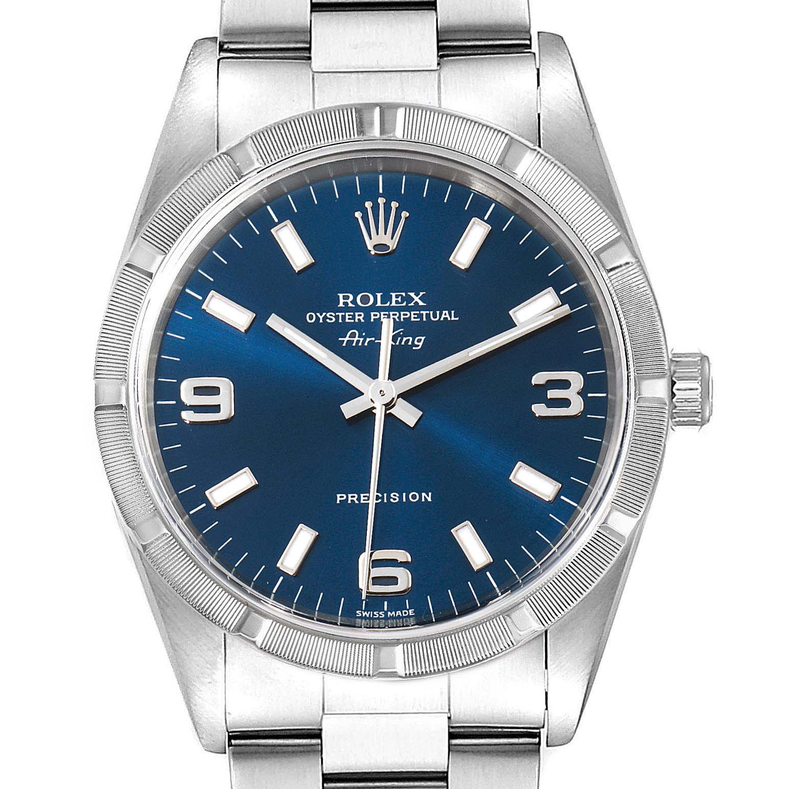 The image shows a front view of the Rolex Air-King 14010 Men's Stainless Steel Blue Dial 14010 Men's Stainless Steel Blue Dial watch, highlighting its blue dial, hour markers, and case.