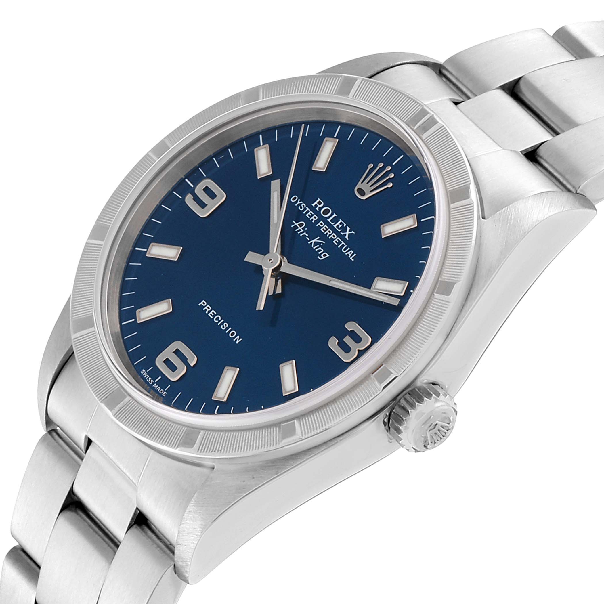 This image shows a Rolex Air-King 14010 Men's Stainless Steel Blue Dial 14010 Men's Stainless Steel Blue Dial watch viewed from an angled side perspective, highlighting the watch face, case, crown, and bracelet.